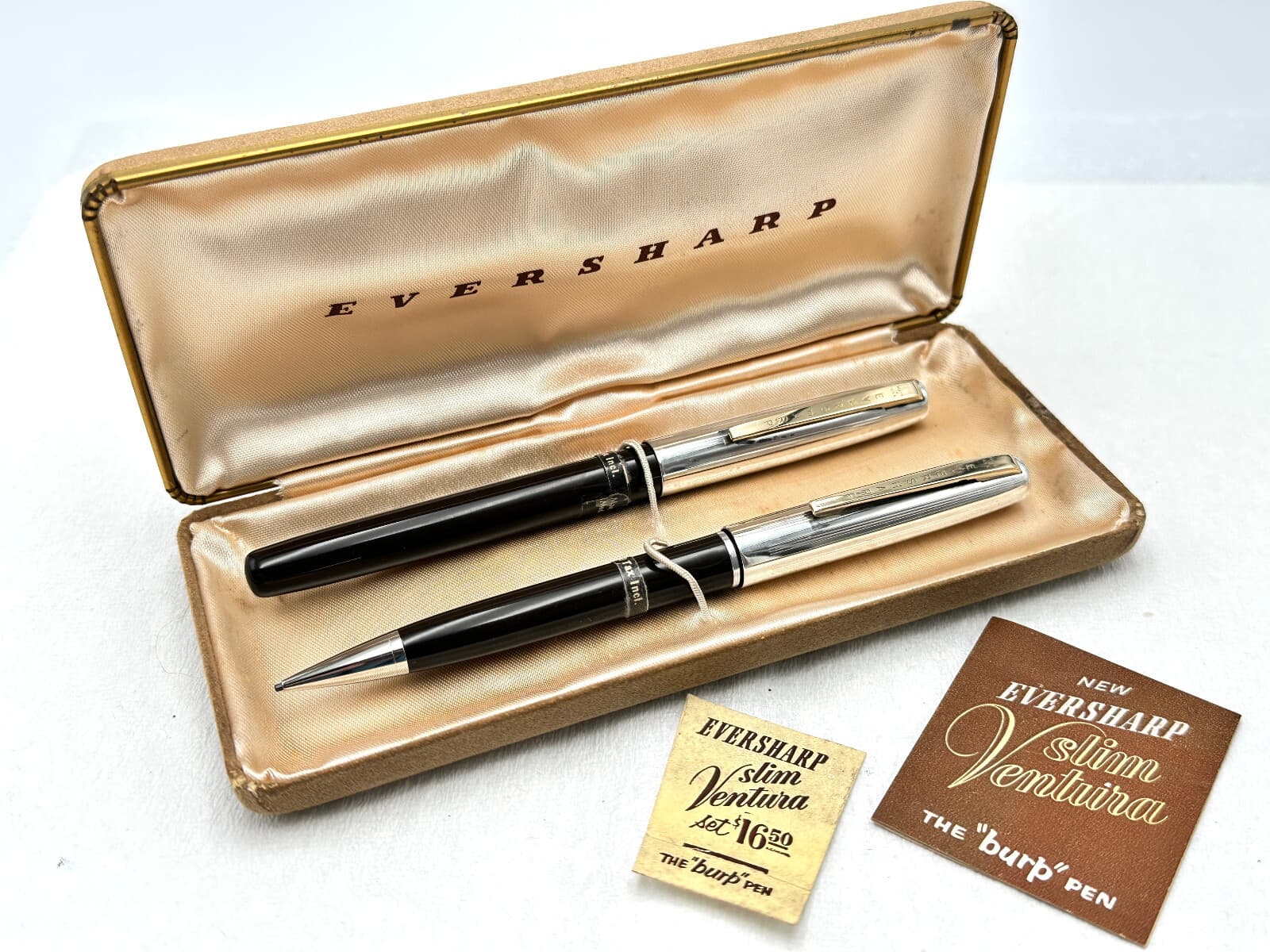 c1957 NOS? EVERSHARP VENTURA STERLING SILVER & BROWN FOUNTAIN PEN PENCIL SET 14K