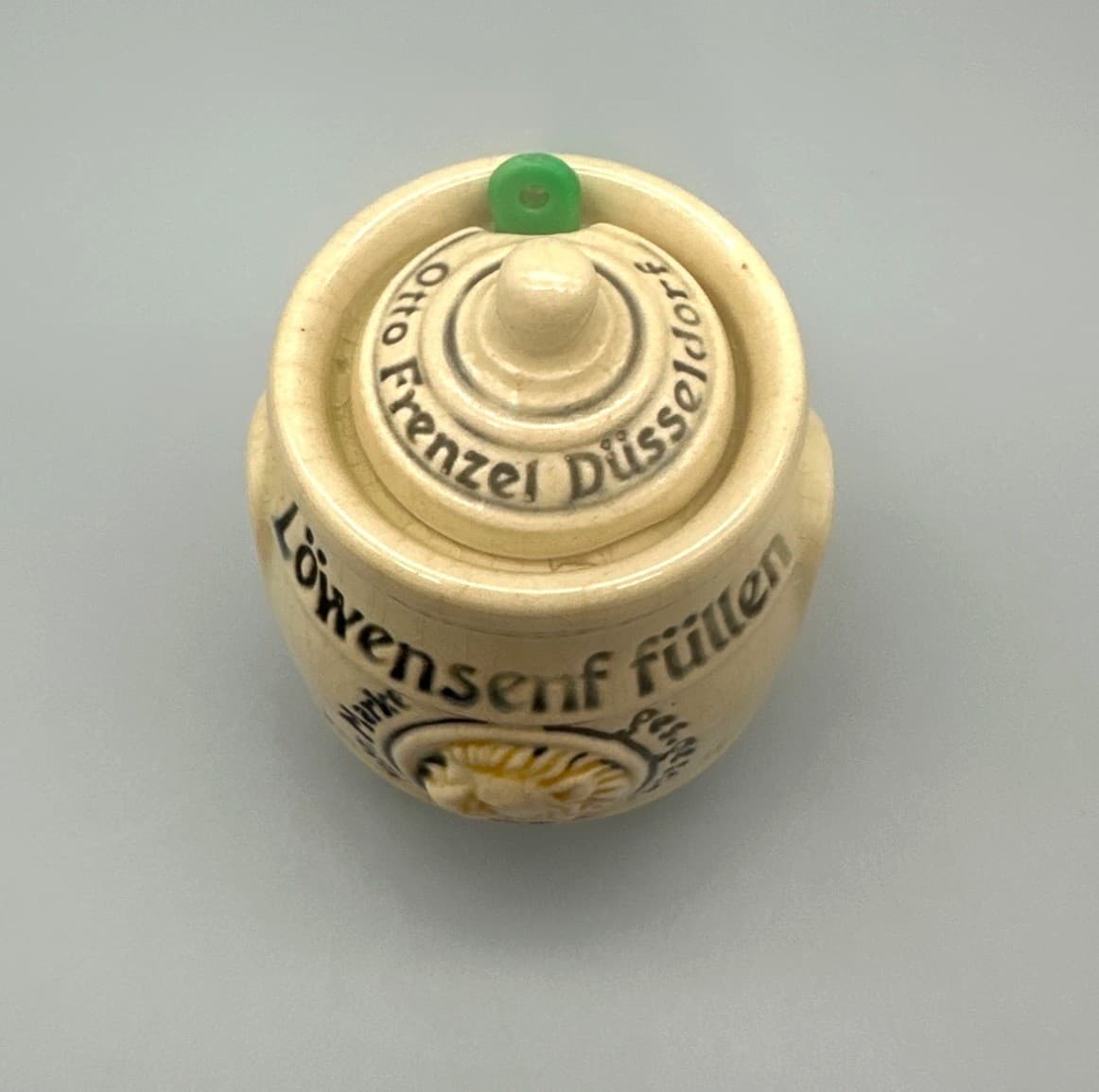 Vintage Germany Mustard Pot Frenzel Düsseldorf Löwensenf Stoneware W/Lid Spoon 3