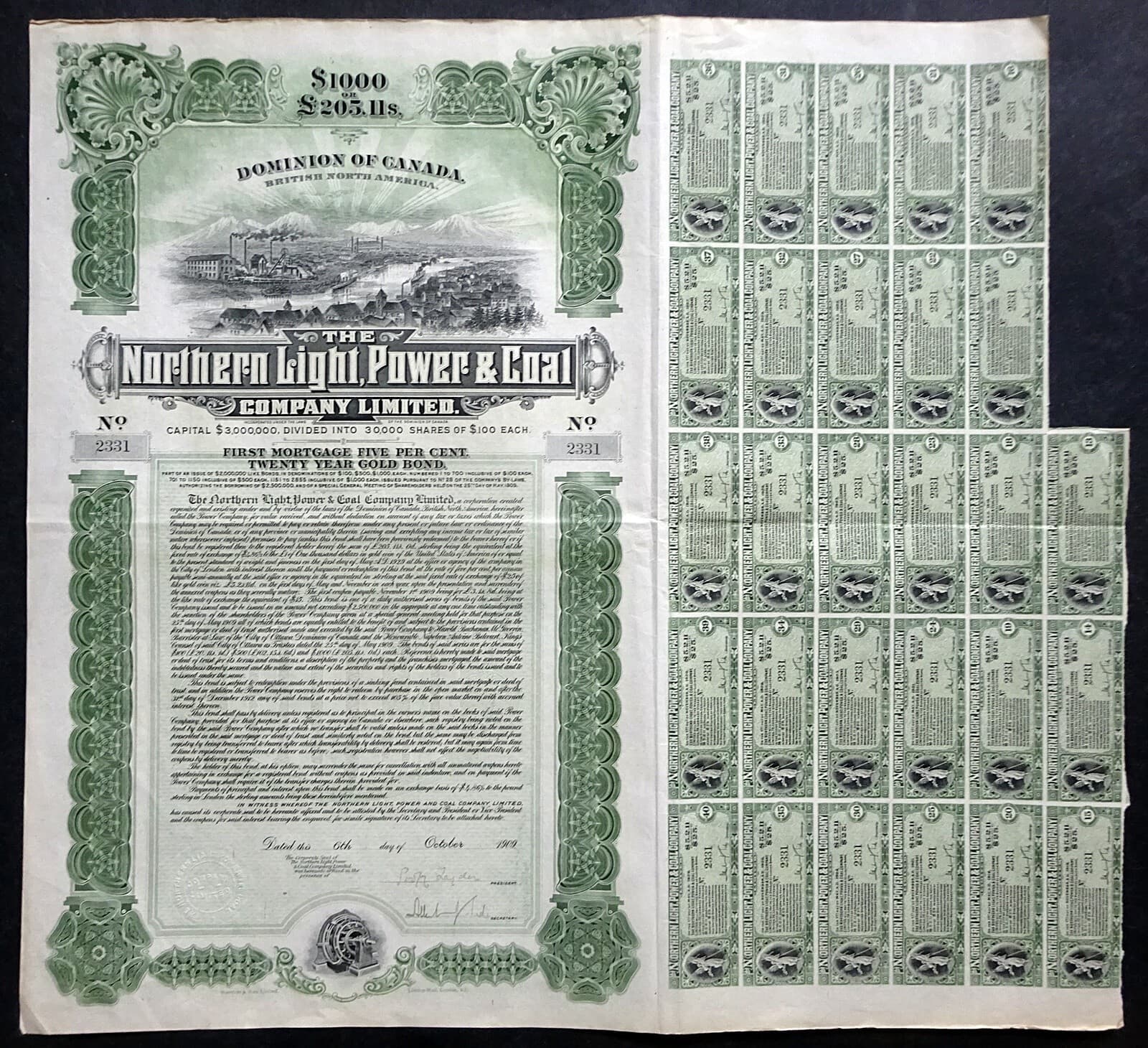1909 Canada: The Northern Light, Power & Coal Co $1000, Dawson City Yukon Alaska 3