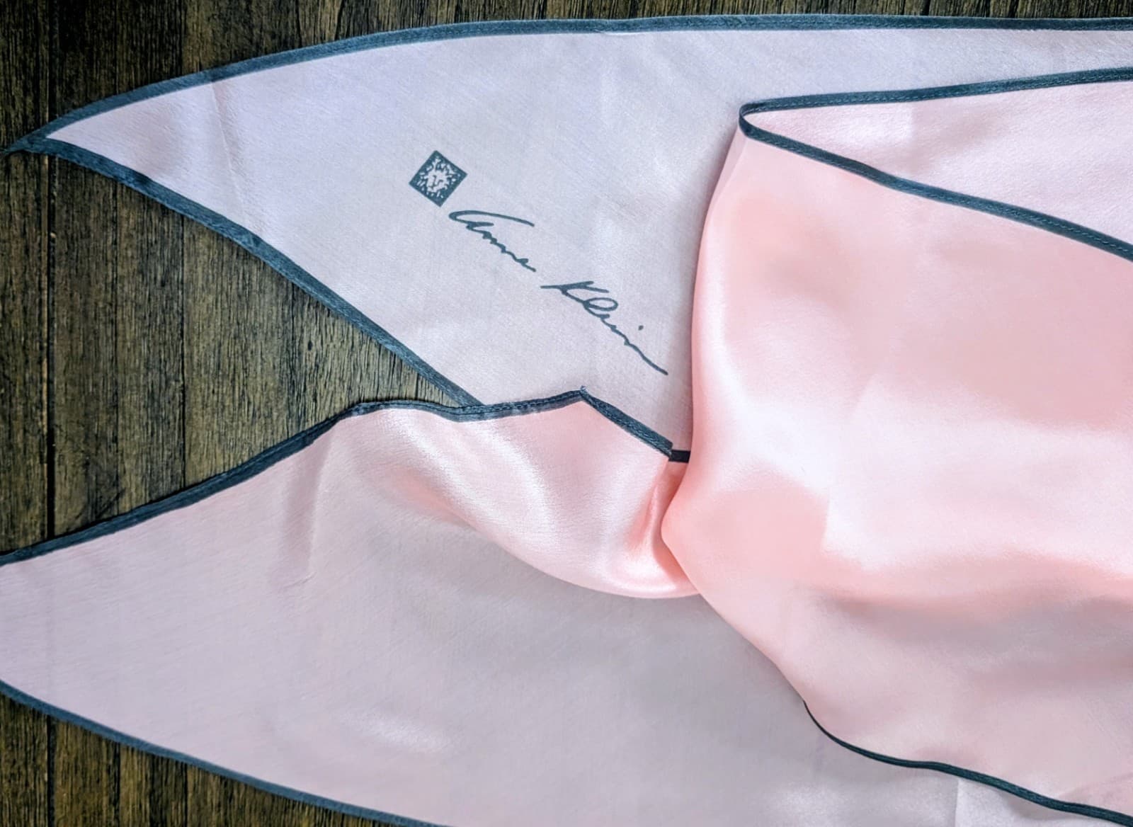 Vintage Anne Klein Baby Pink Gray Edge Pointed Silk Head Or Neck Scarf 66 x 6.5" 2