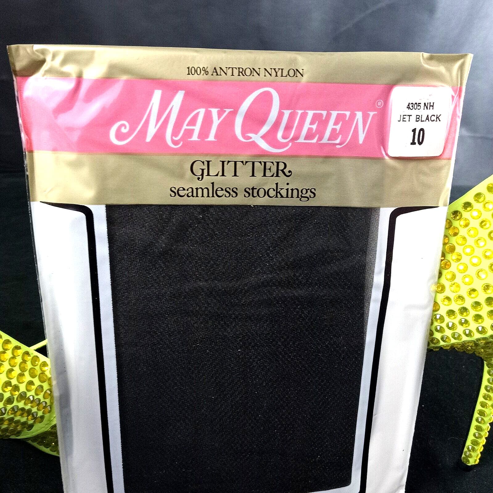 SZ 10 VTG GLITTER WET LOOK SEXY GLOSSY BLACK GARTER STOCKINGS 1 PR HOSIERY 4