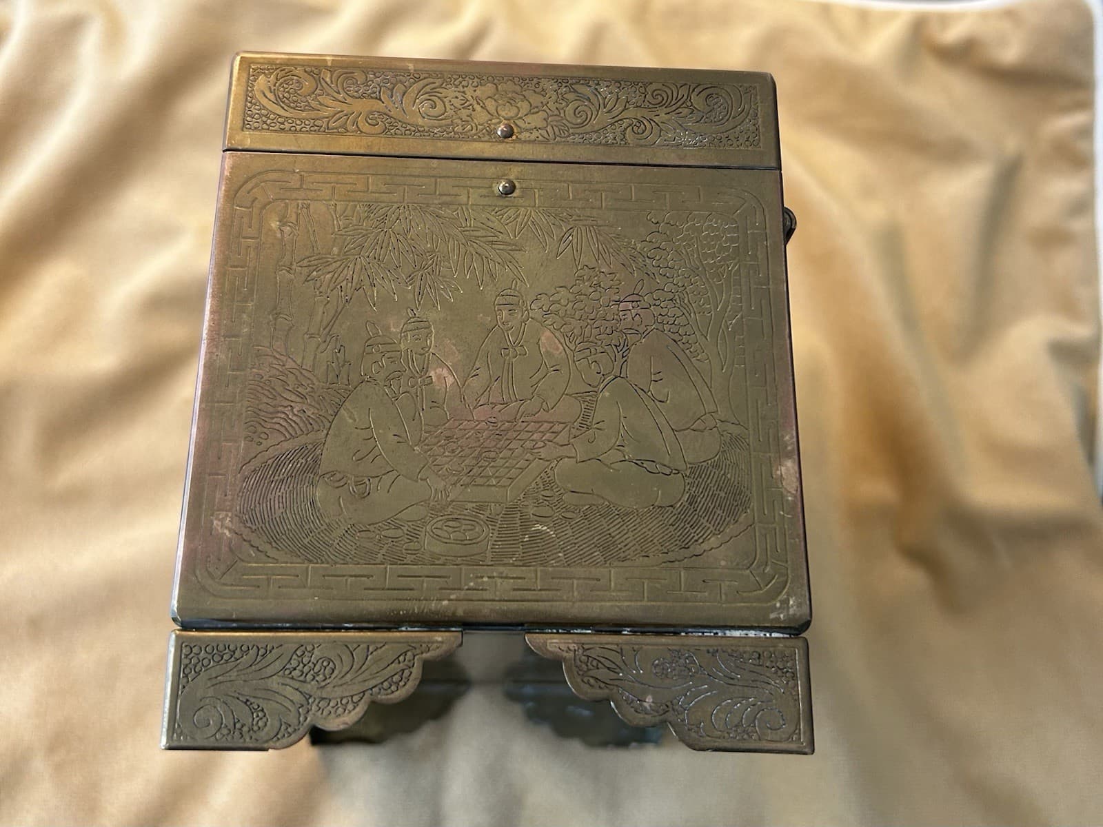Antique Brass Box With Intricate Asian Designs And Lacquered Compartments 6