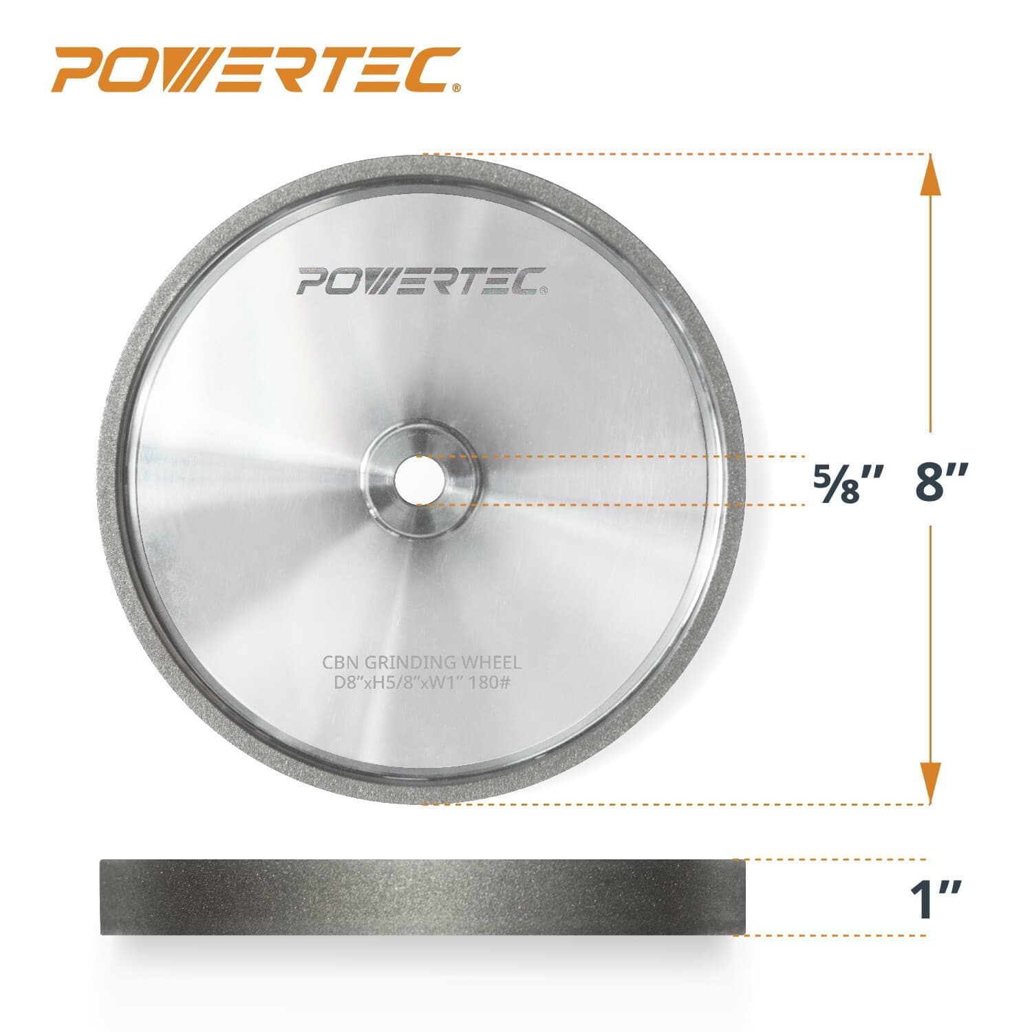 POWERTEC 15700 CBN Grinding Wheel 8 inch 180 Grit, 1" Wide with 5/8" Arbor, 1PK 2