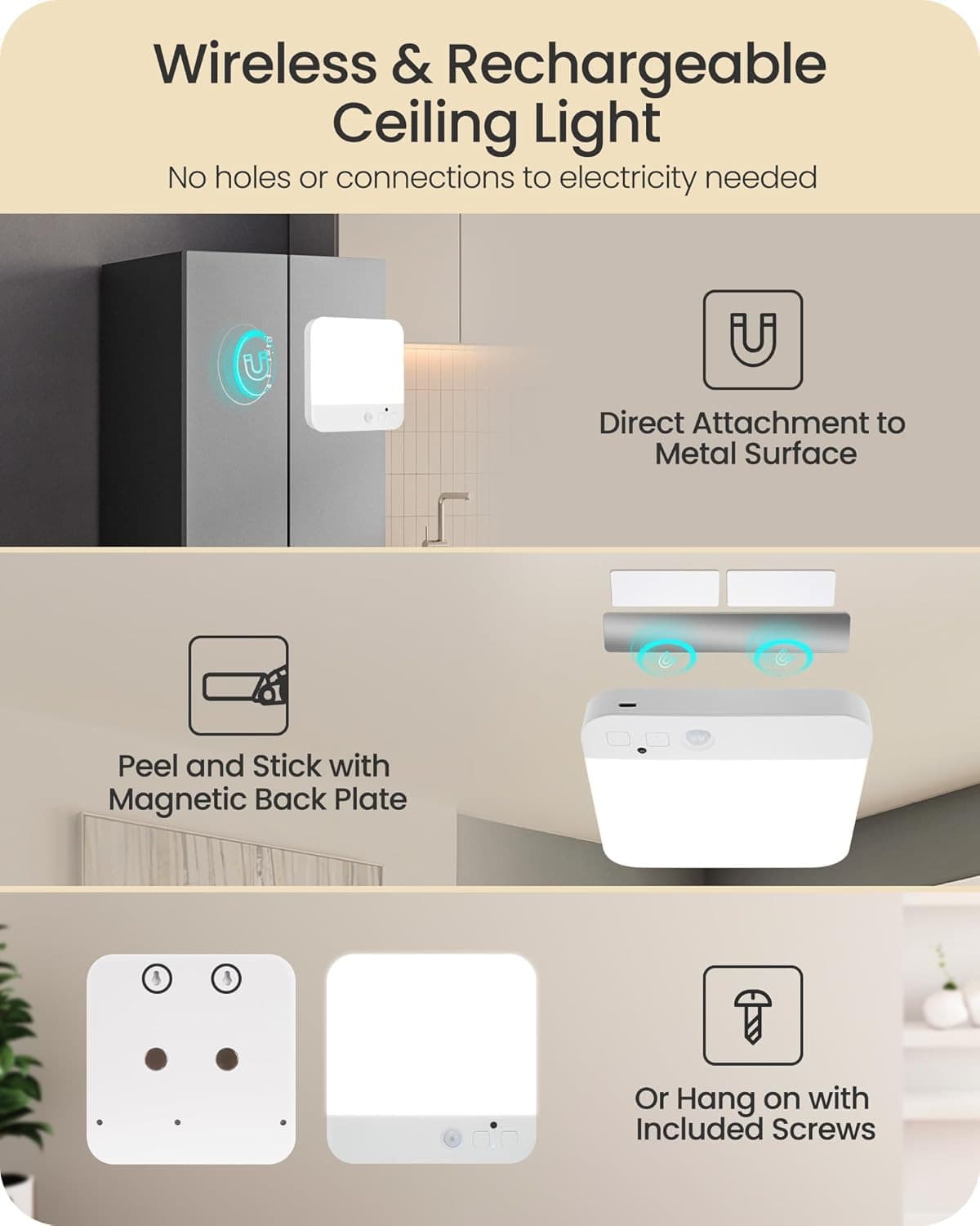 Wireless Rechargeable Ceiling Light with Remote, Motion Sensor, Dimmable 500LM 2
