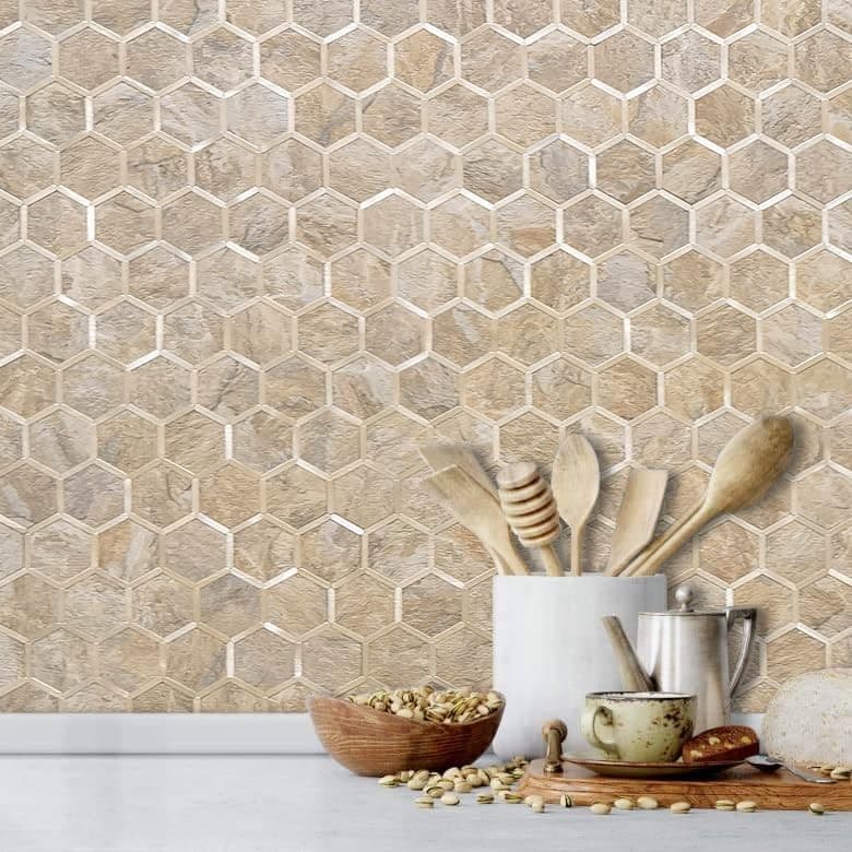  Hexagon Peel and Stick Backsplash Tile, 10 Sandstone & Light Gold Studded 3