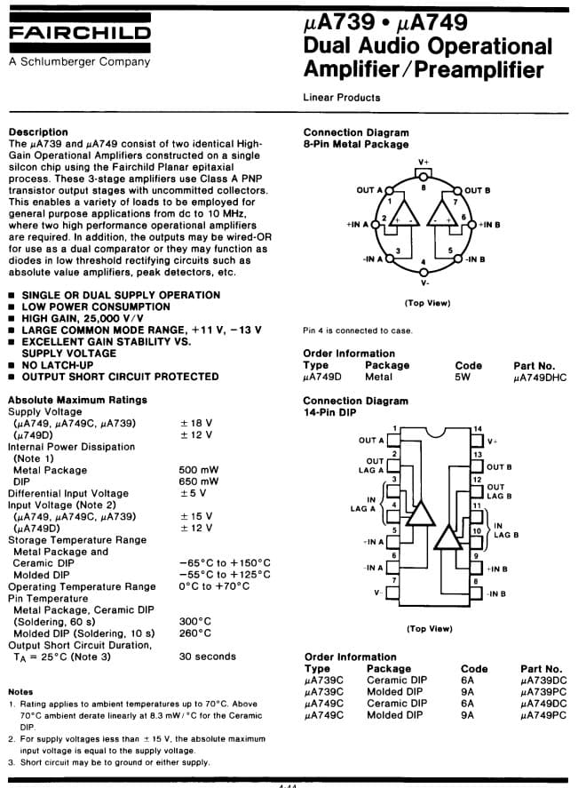 Fairchild - UA739PC - IC, Audio. Dual Audio Operational Amplifier / Preamplifier 2