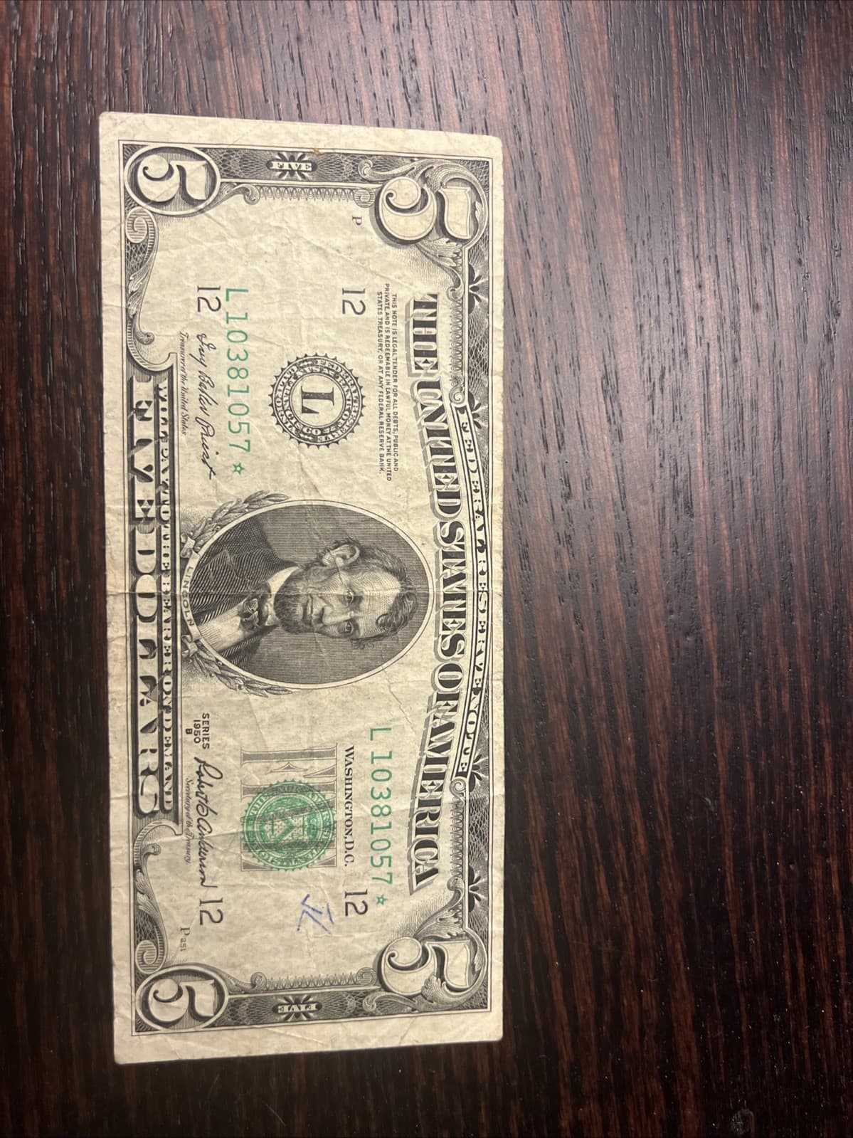 $5 1950b San Francisco Star Federal Reserve Note 2