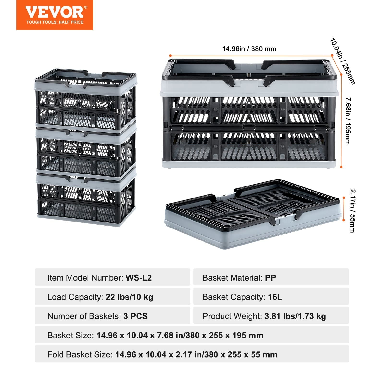 VEVOR Collapsible Shopping Basket,3 Pack,16L Plastic Foldable Storage Crate with 6