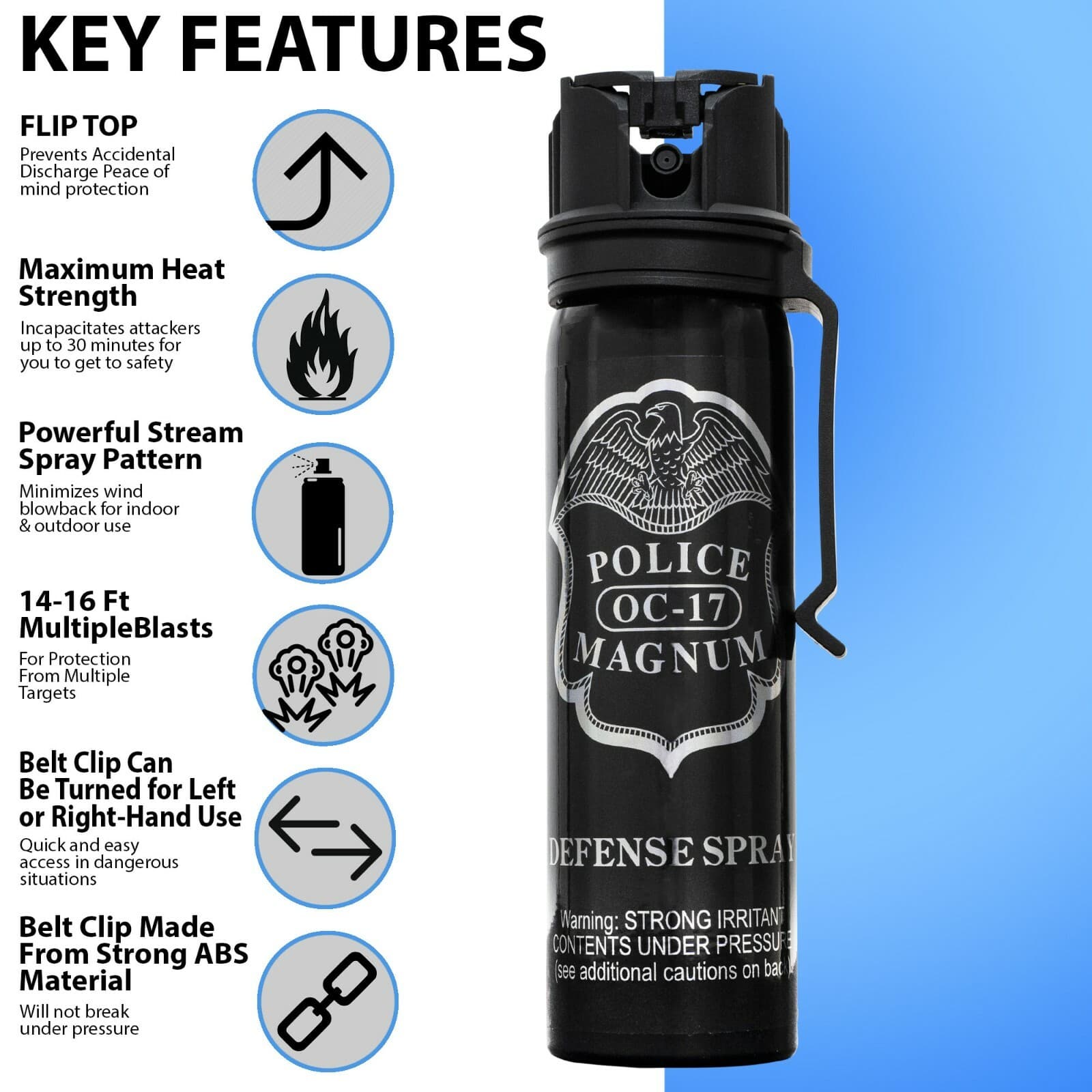 POLICE MAGNUM Pepper Spray 4oz ounce Flip Top Belt Clip Stream Defense Security 3