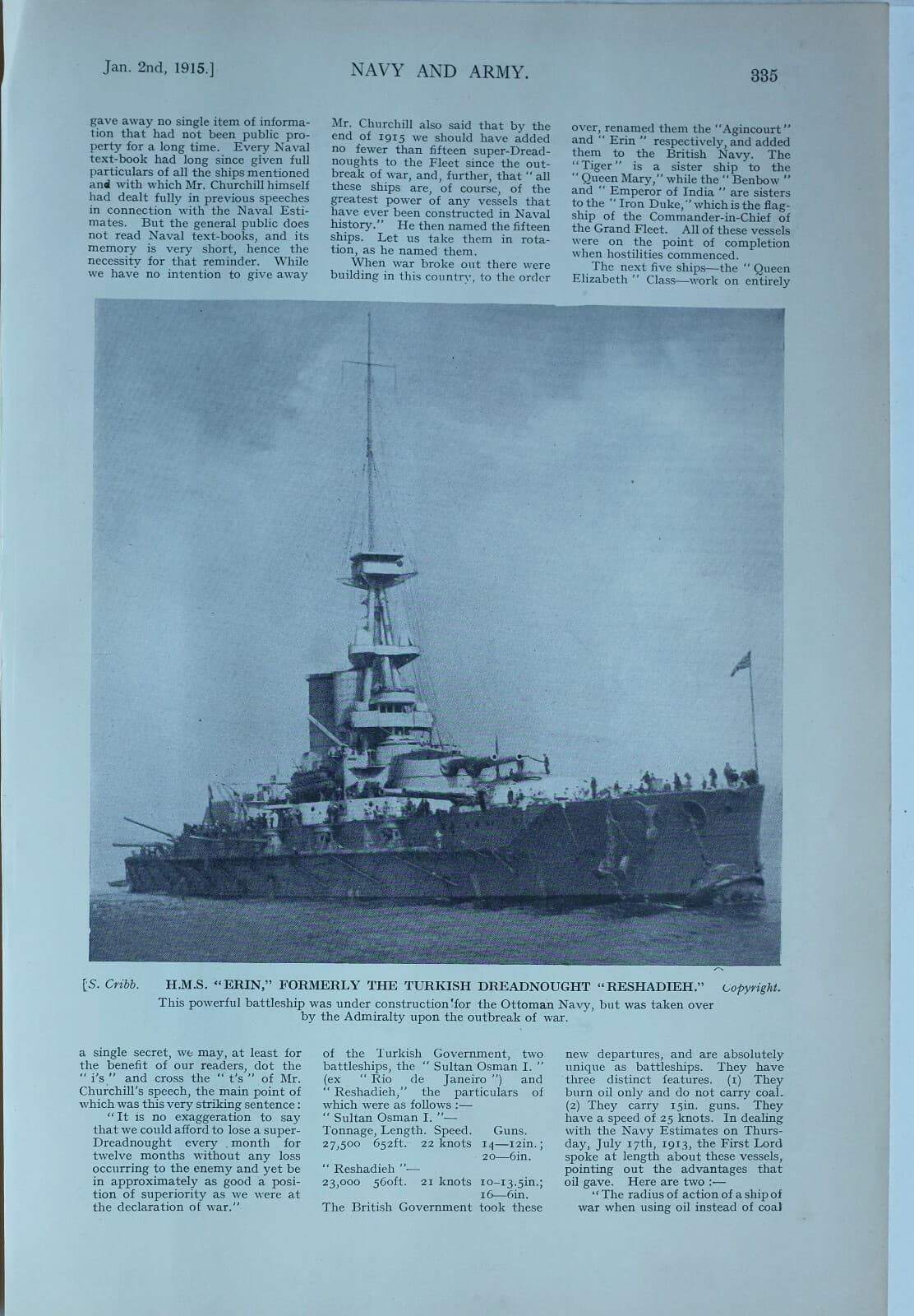1914 WW1 ARTICLE & PICS BRITAINS NAVY HMS CANADA HMS ERIN DREADNOUGHT RESHADIEH 2