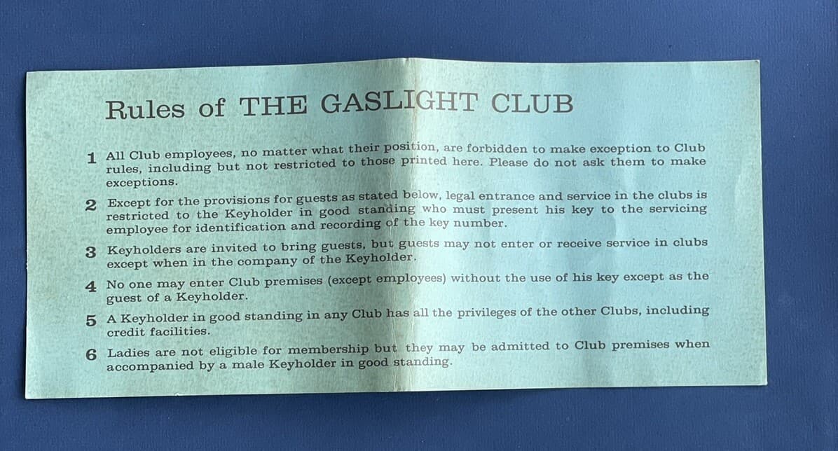VTG GASLIGHT CLUB KEY CARD RULES (no Key) PARIS-NYC-CHGO-LA-DC 6