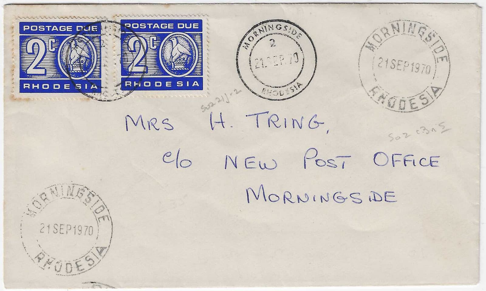 Rhodesia 1970 Cover 2d sg D19 MORNINGSIDE [SoZ 21j-2 and  13n S] 21 SEP