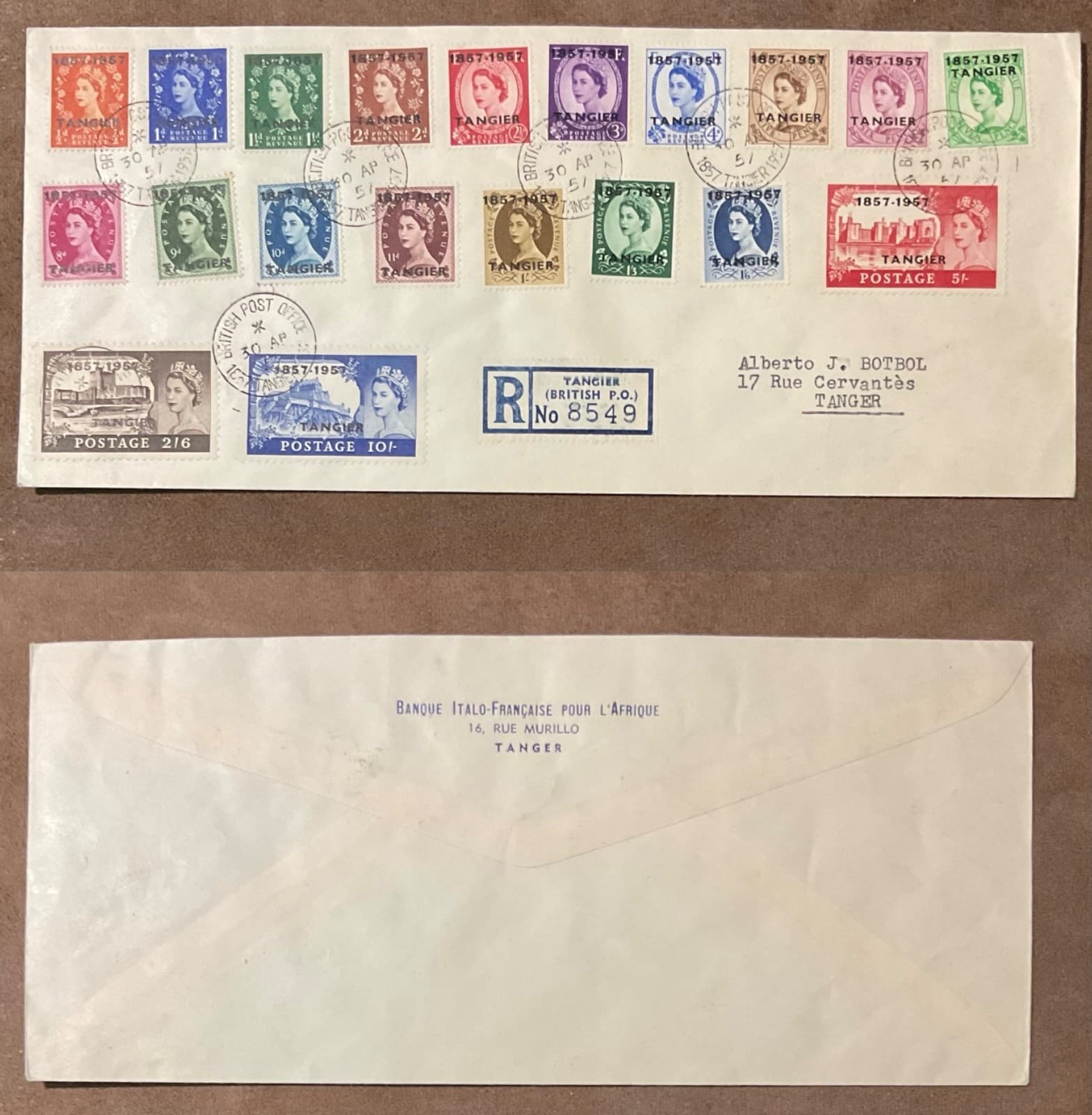 1957 QE II GB TANGIER MOROCCO SC 592-611 SG 323-342 OVPT 20v complete set cover