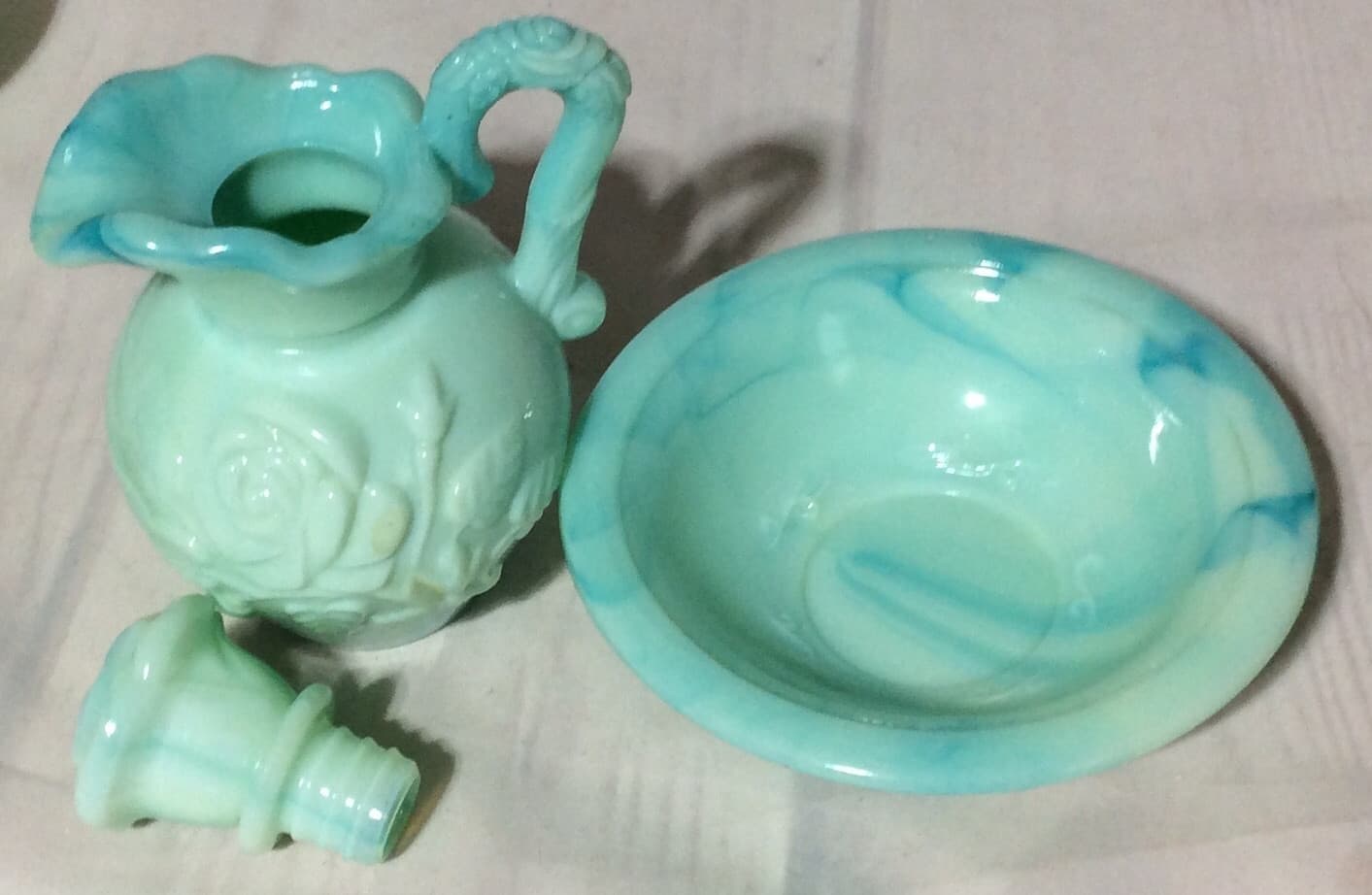 🌹 1970s AVON VANITY SET Jadeite Teal with Bowl Soap Dish & Powder Sachet Jar 🌹 4