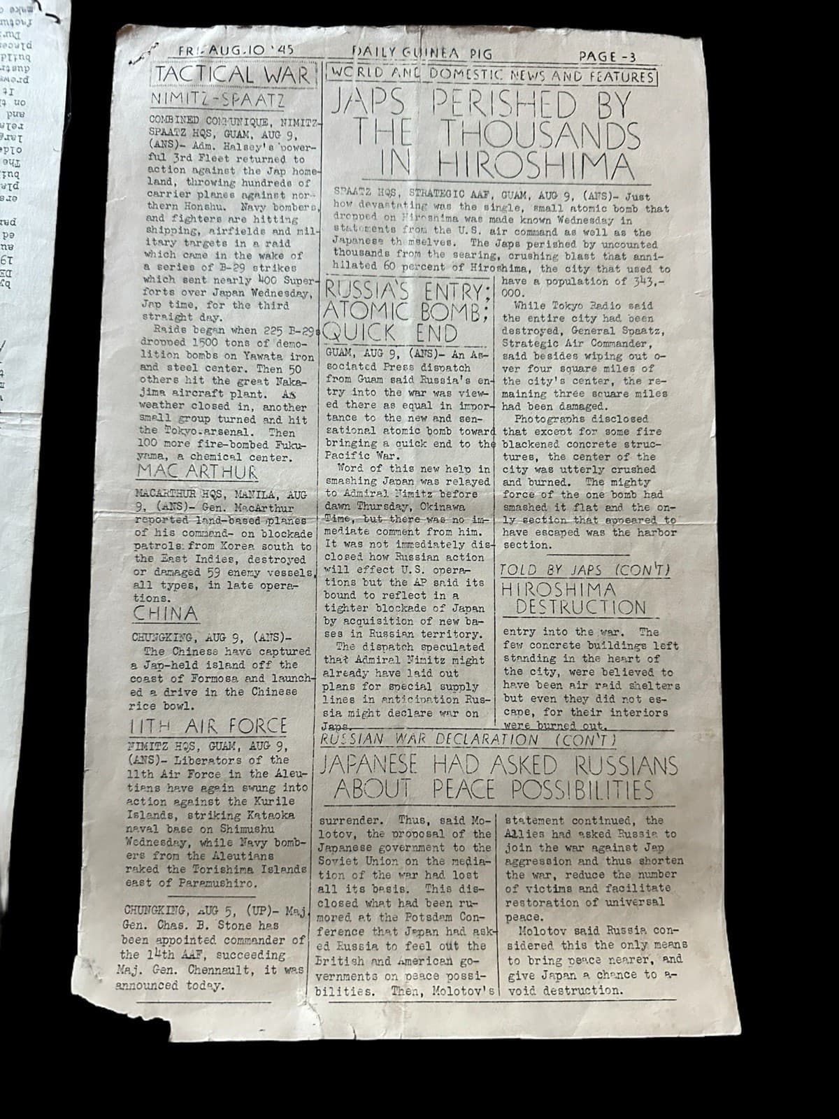 1945 Daily Guinea Pig WWII Atomic Bomb Hiroshima APO 33 Army Paper 4