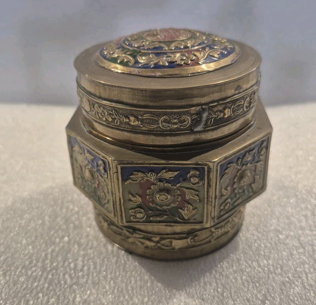 Chinese Export Embossed Enameled Brass Box 1930s 2