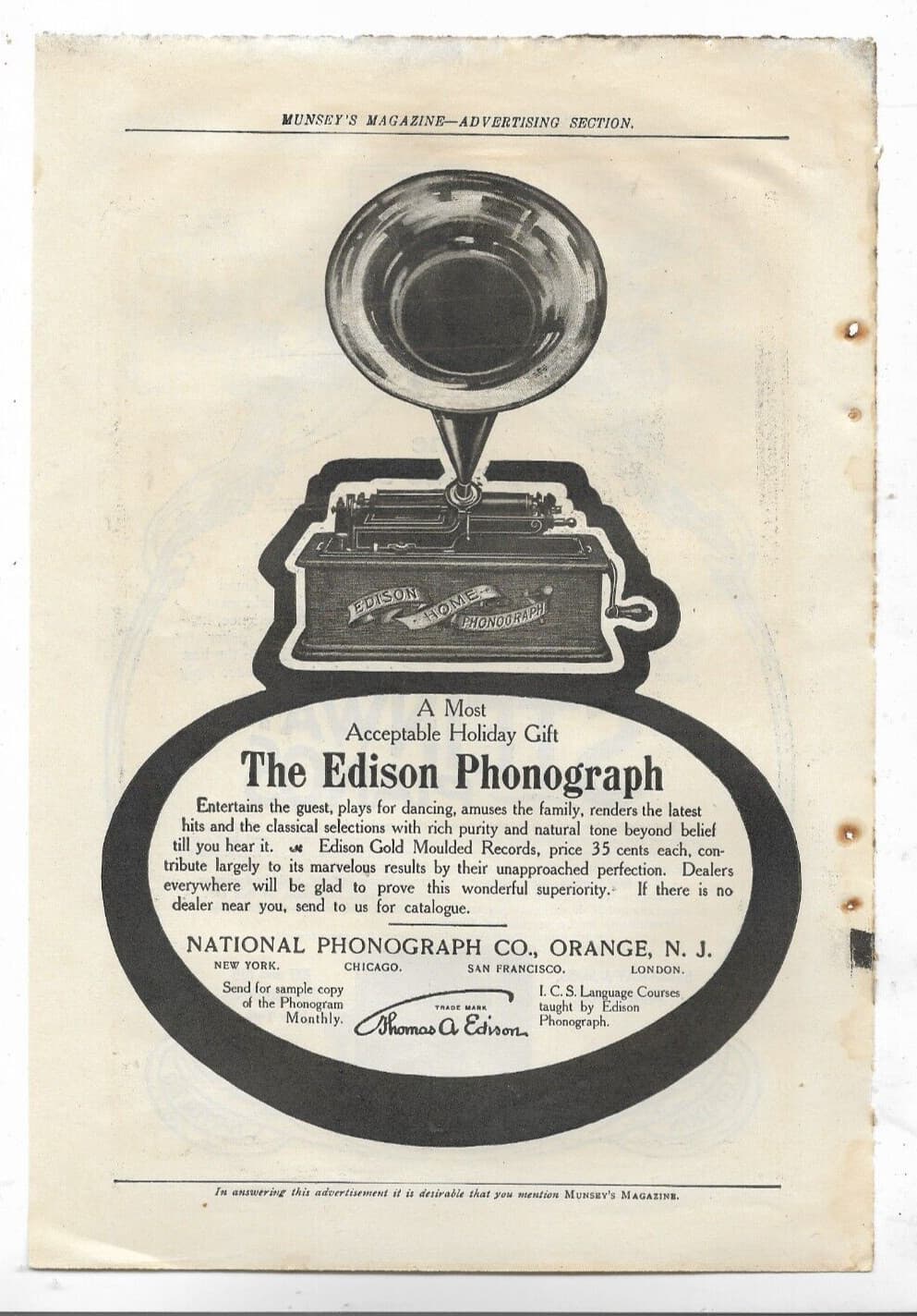 STEINWAY GRAND PIANOS THE EDISON PHONOGRAPH 1904 MUNSEY'S MAGAZINE Print Ads 12 2