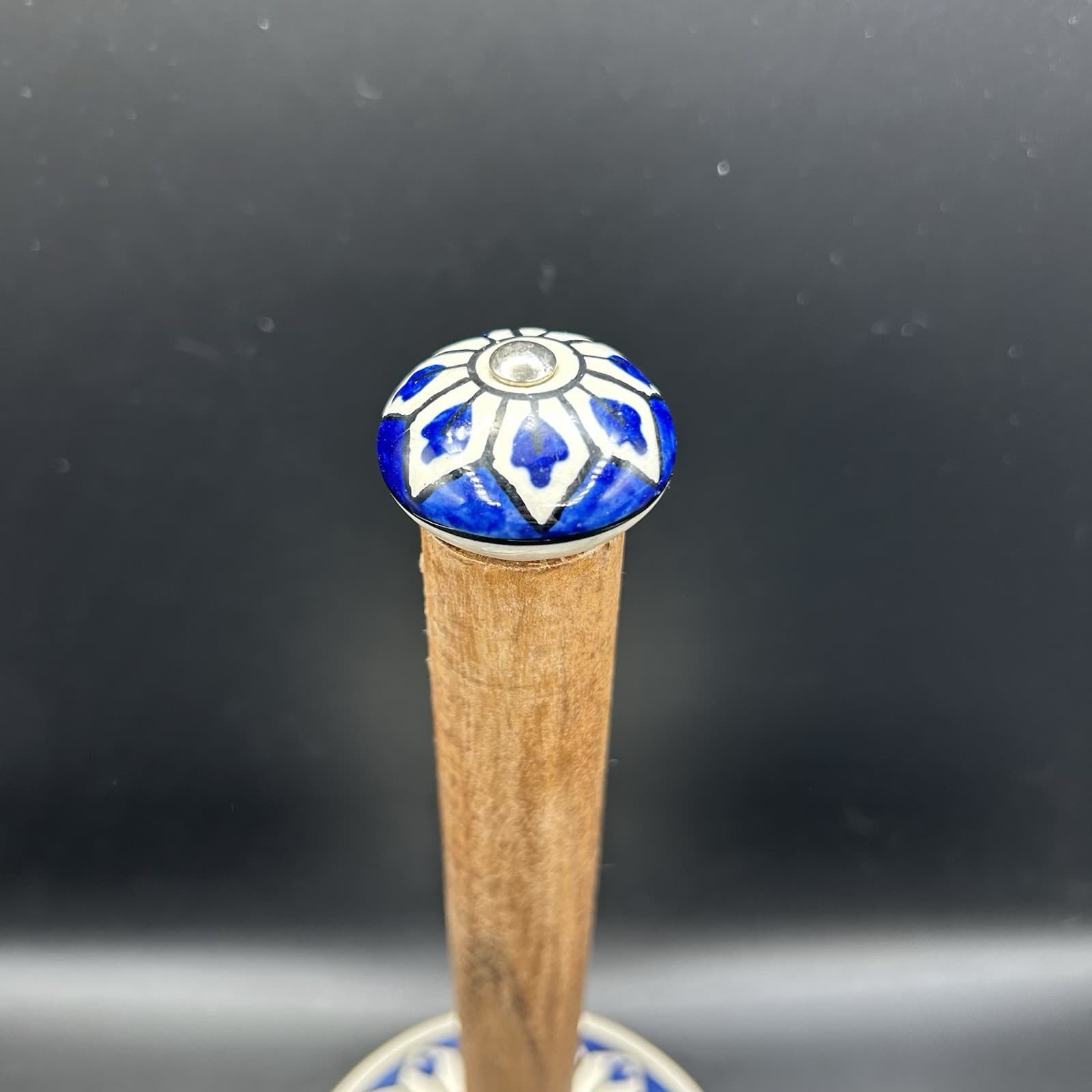 Blue & White Hand painted Ceramic and Wood Paper Towel Freestanding Holder 13" 2