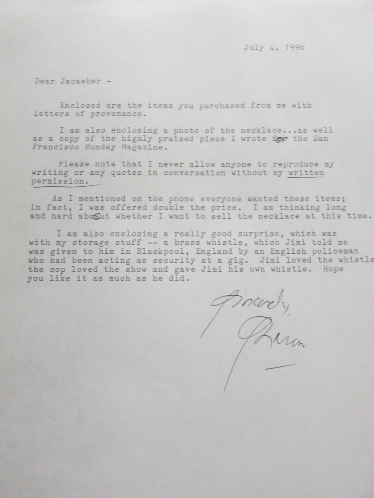 JIMI HENDRIX OWNED ENGLISH POLICEMANS WHISTLE WITH COA 5