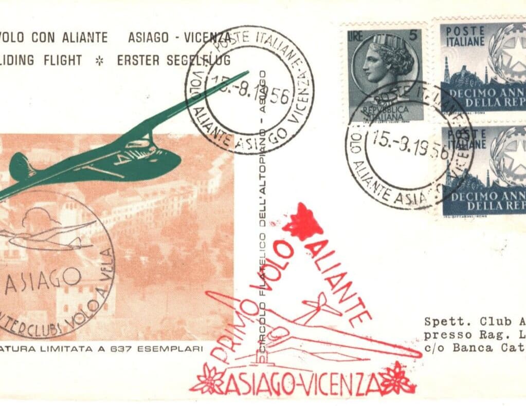 ITALY Air Mail 1956 Cover GLIDER FIRST FLIGHT Asiago Vicenza {samwells}MA418