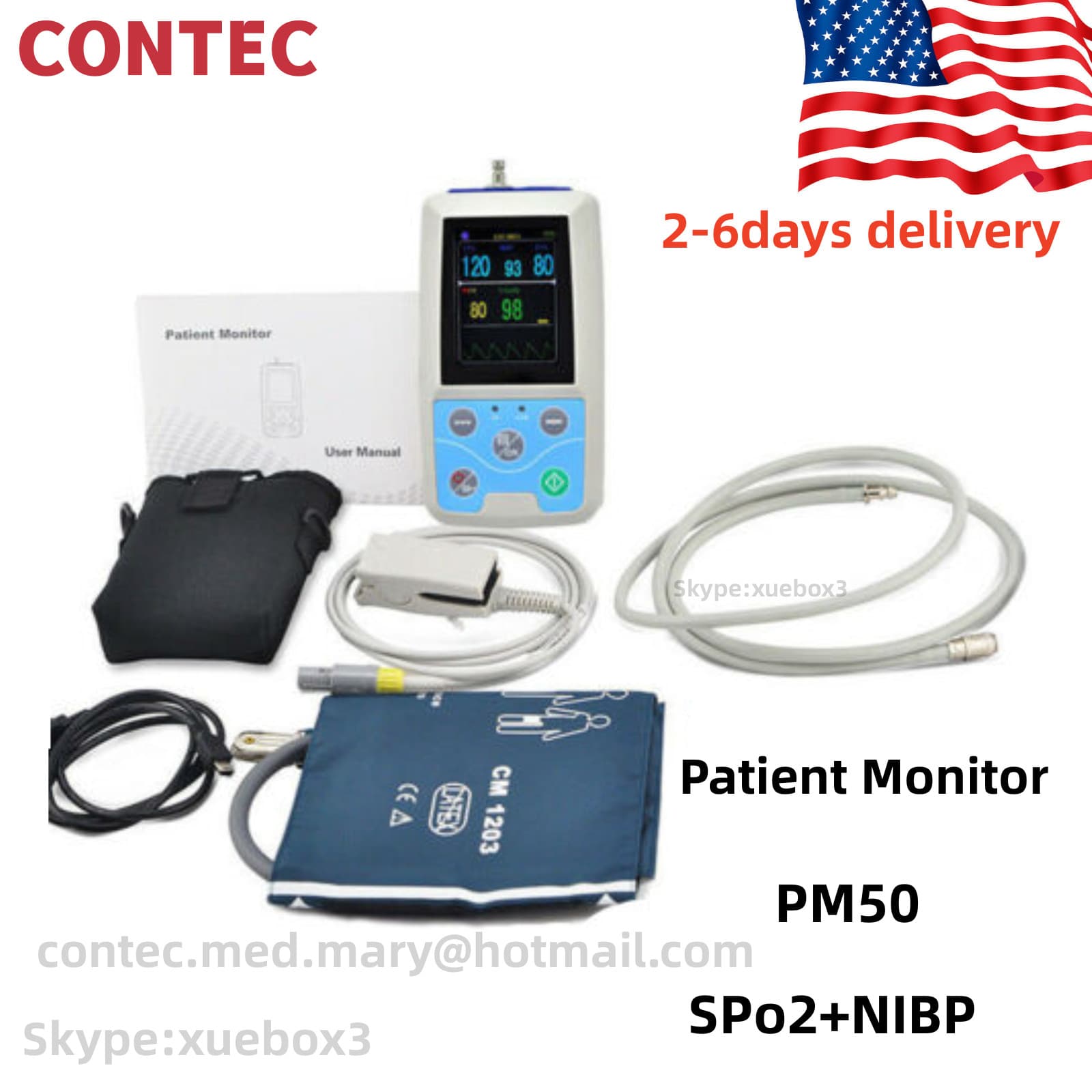 CONTEC PM50 Vital Signs Patient Monitor NIBP SPO2 PR Monitor+Adult Cuff+Software