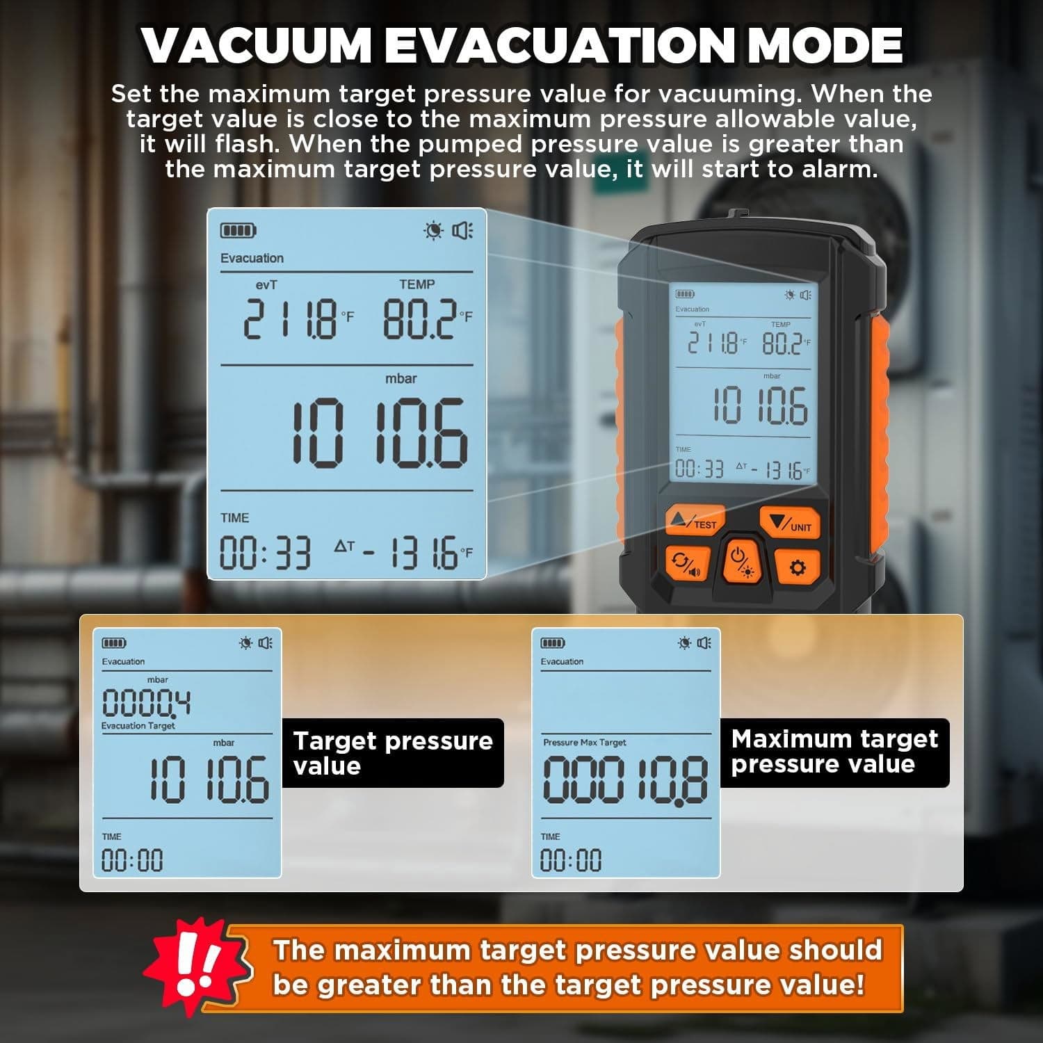 Digital Vacuum Gauge HVAC Vacuum Meter Evacuation Pressure Leak Test ±0.2% 1/4" 6