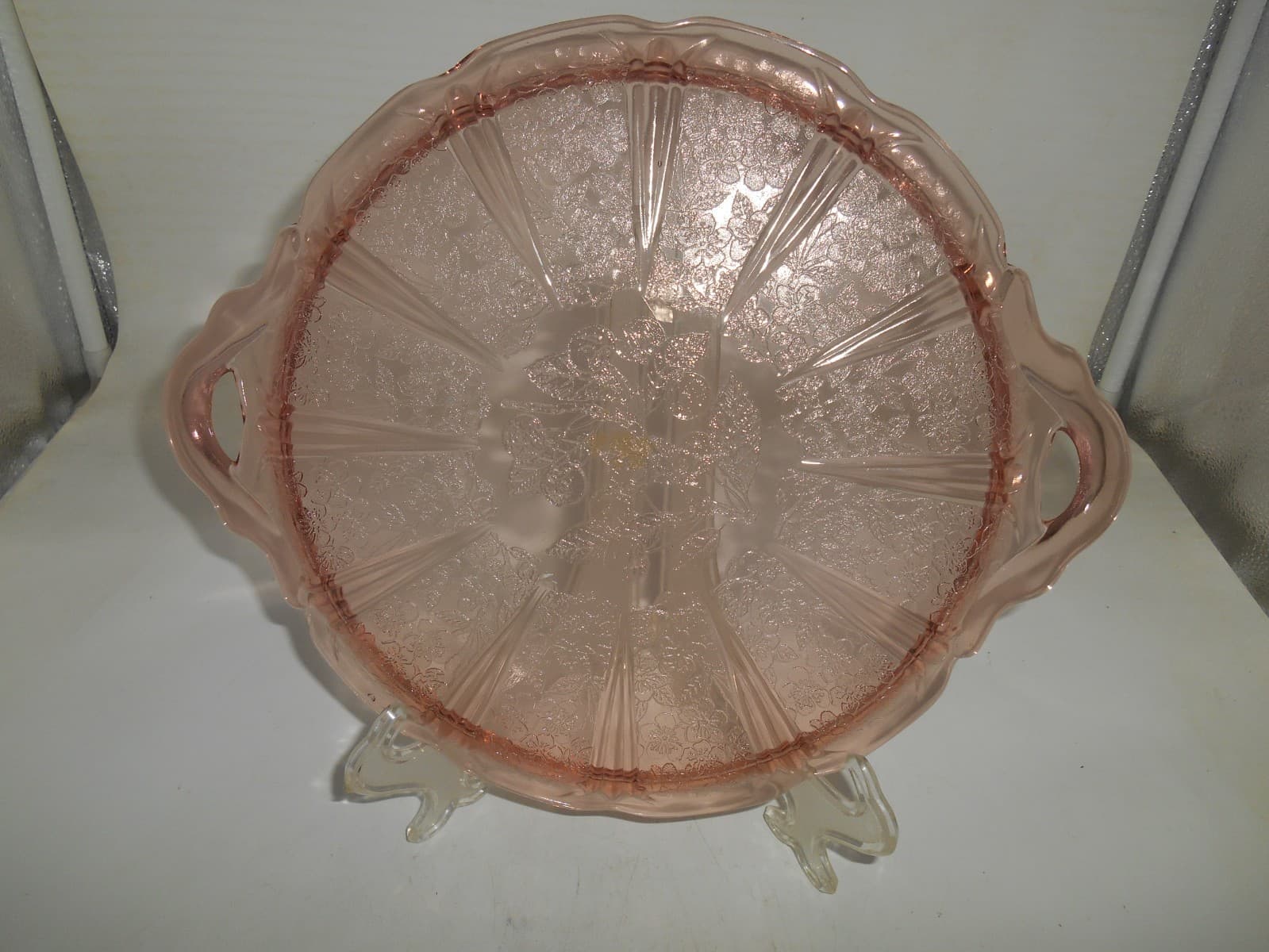 Excellent Jeanette Pink Cherry Blossom depression glass 12 5/8" Handled Tray 2
