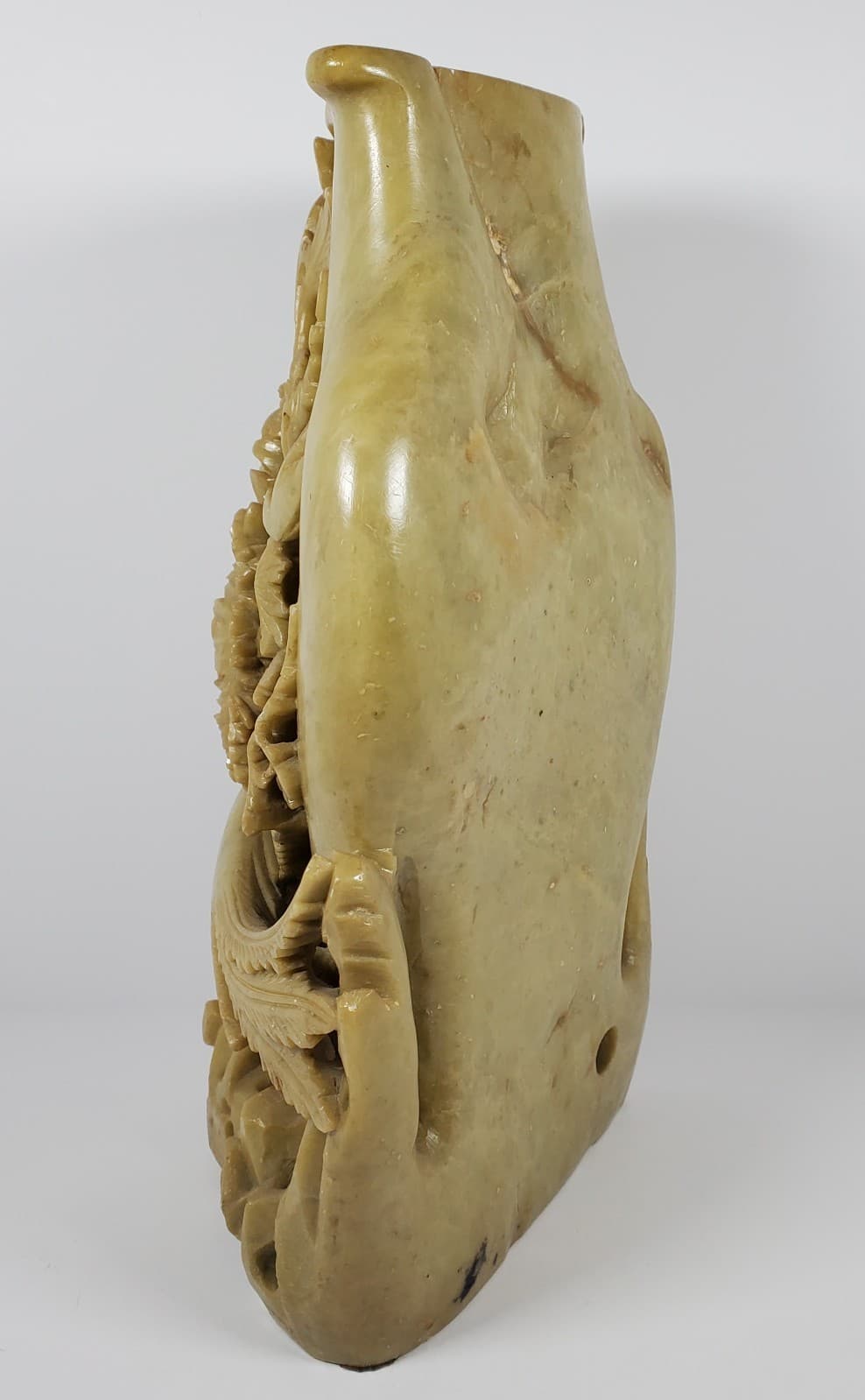 Vintage Large Chinese Hand Carved Soapstone Floral Vase with Bird Accents 3