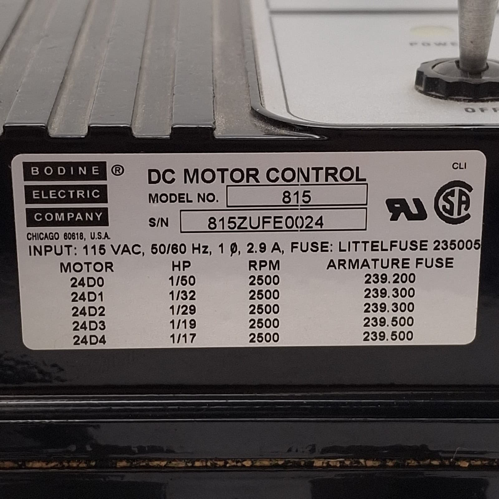 Bodine Electric 815 DC Motor Control, 1/17HP, 115VAC Input, 0-130VDC Output 2