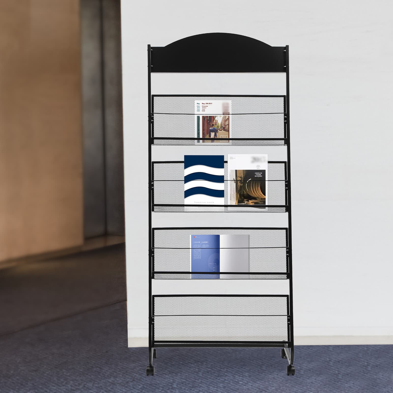 4-Tier Metal Wheeled Magazine Book Rack Newspaper Brochure Storage Display Stand 3