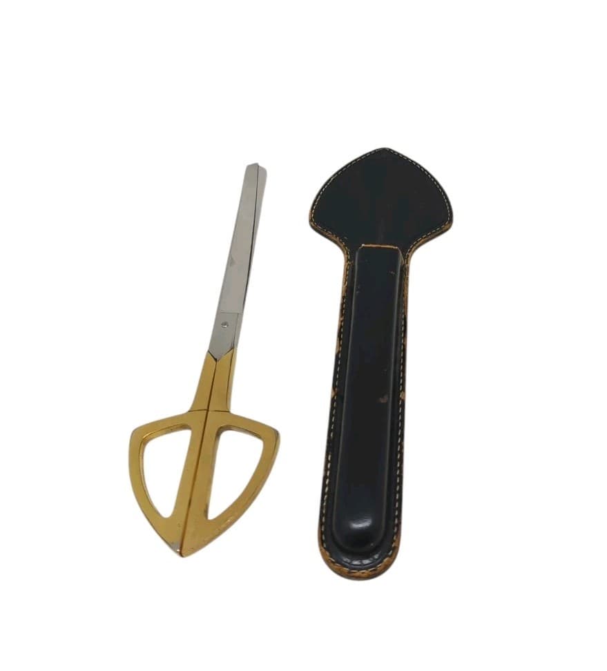 Vintage German Art Deco Scissors 9" In Leather Case Brass Tone Handles  3