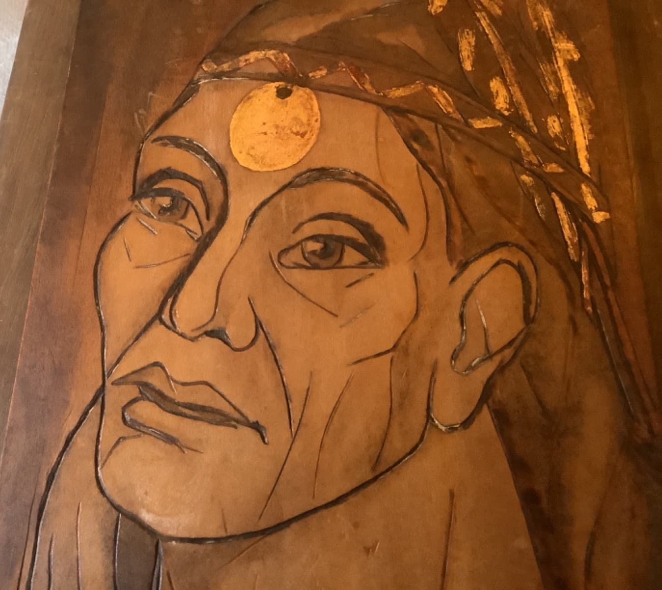 Native American Pyrography Indian Chief Early 20th Century Signed Gold Highlight 5