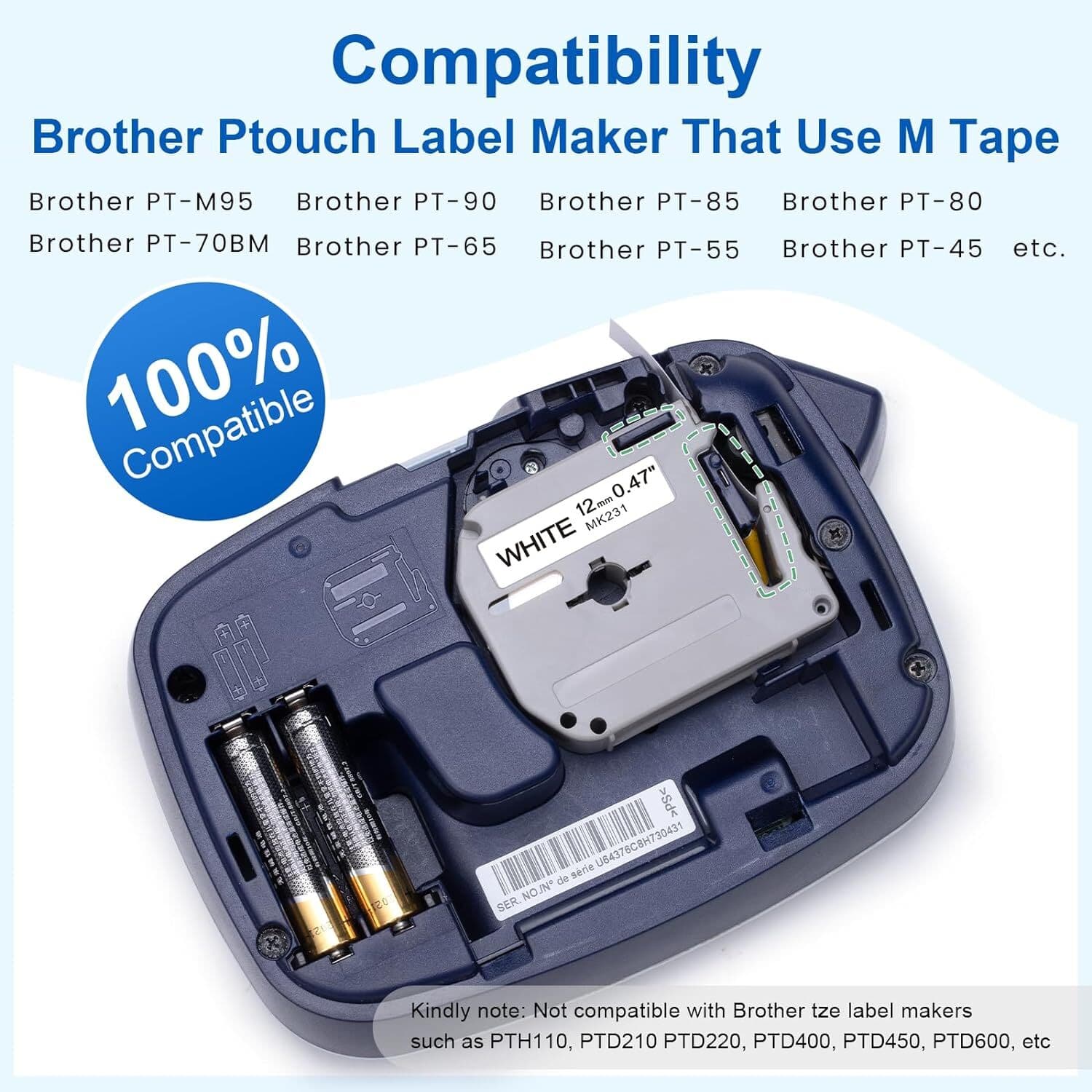 4PK Label Tape M-K231 MK231 M231 Black on White 12MM 1/2" for Brother PT-65 2