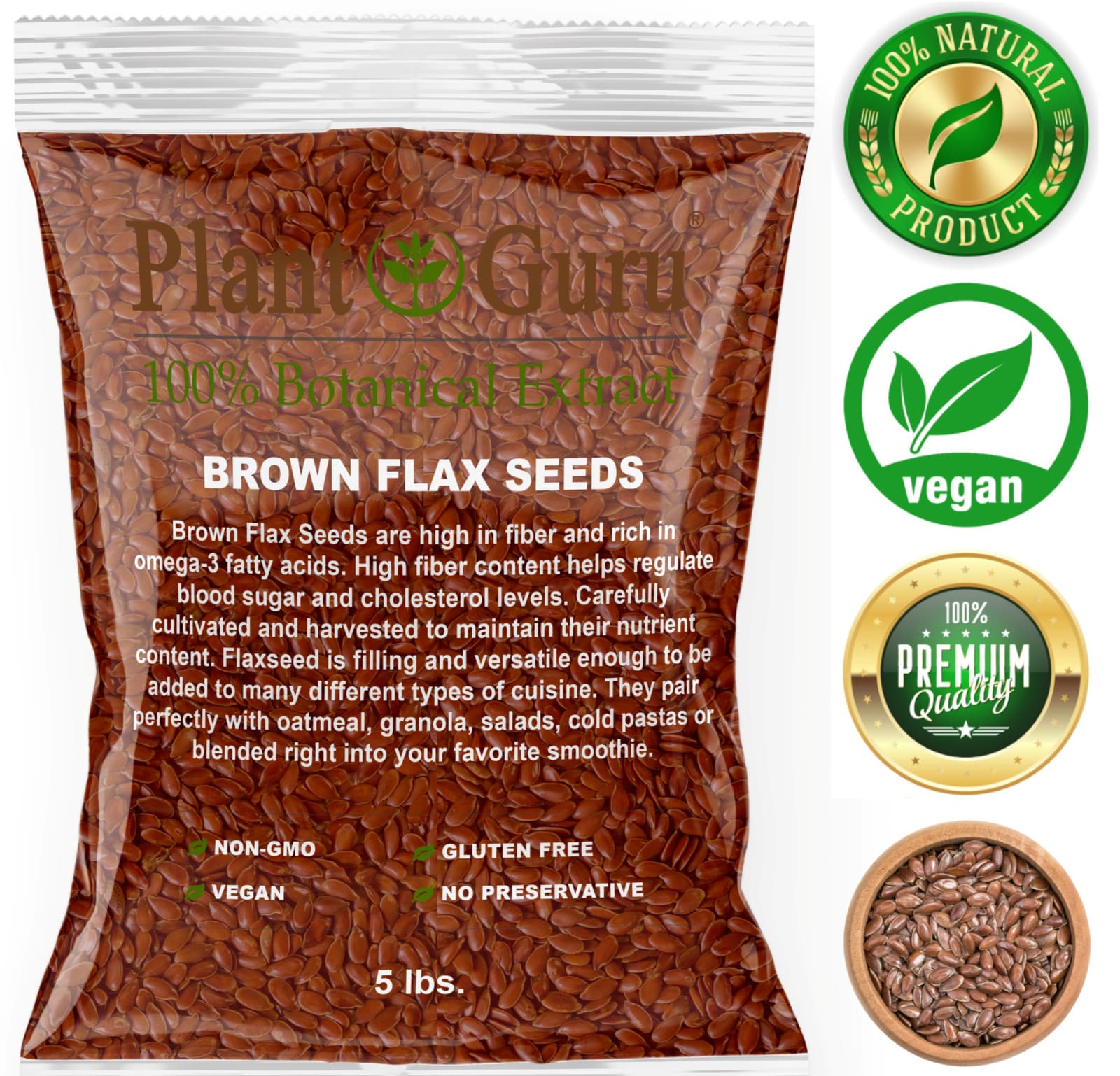 Brown Flax Seeds Whole 5 lbs. Bulk Omega-3 NON GMO 100% Pure Linseed Flaxseed