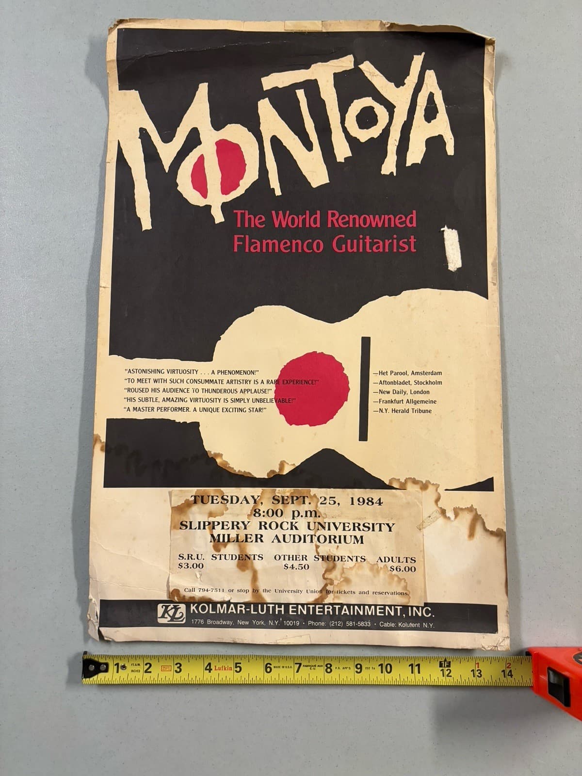 Carlos MONTOYA Flamenco GUITAR Cardboard CONCERT POSTER 1984