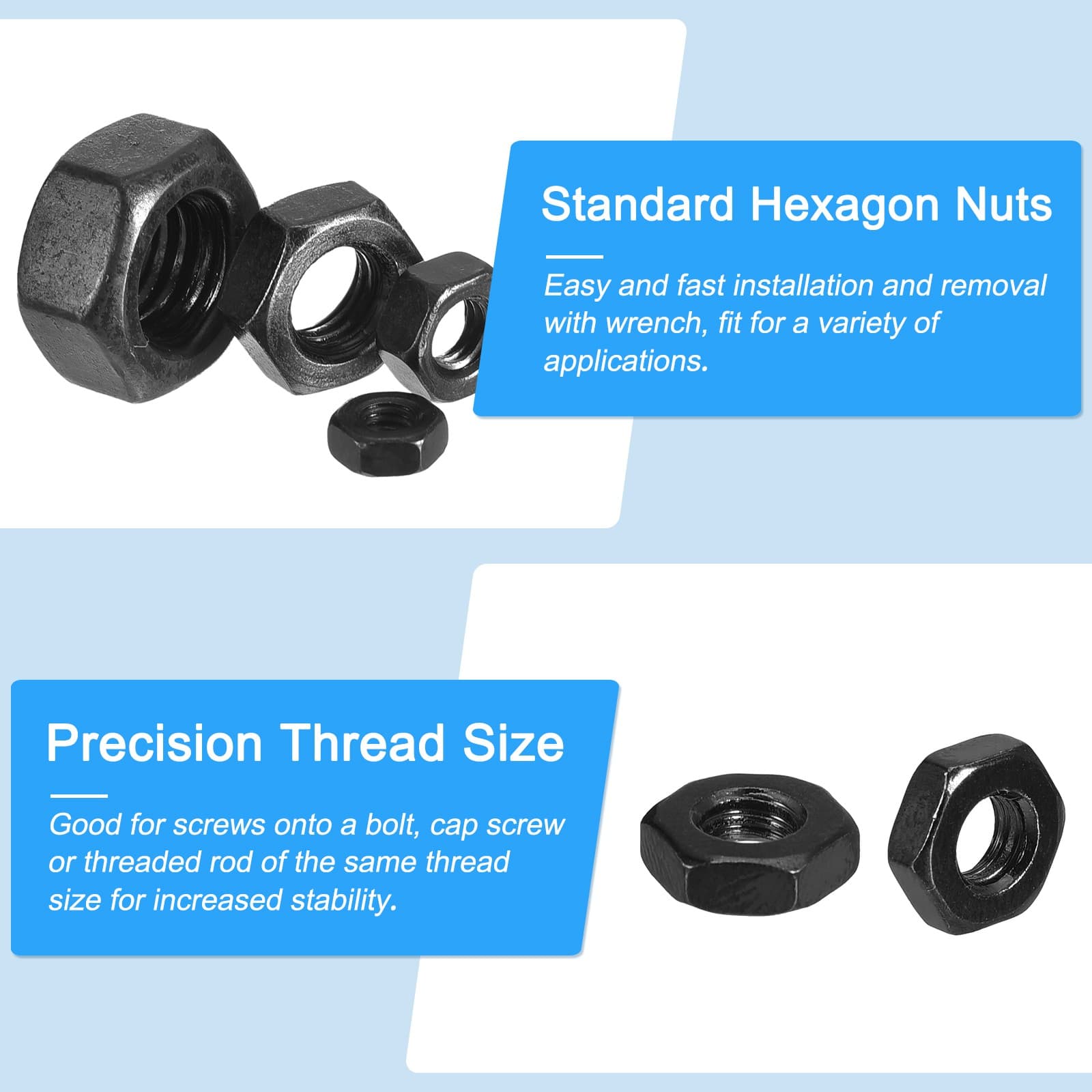Hex Nuts (1/4"-28) 100Pcs Carbon Steel Fine Thread Black Oxide Nut Black 6