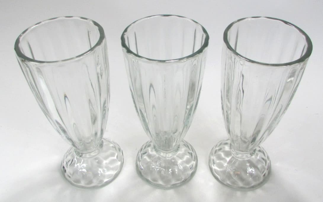 Set of 3 Rare Retro Soda Fountain Milkshake / Float Ribbed Footed Glasses 6 3/8" 2
