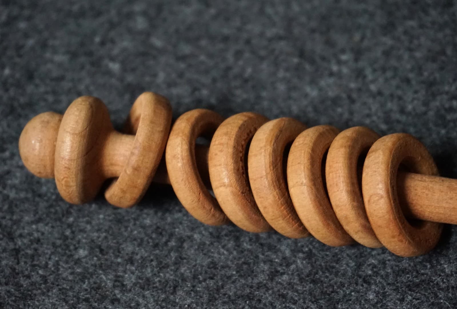 Turned Wood Baby Rattle with Teething Rings 6-3/8" Long Handmade Vintage *READ 5