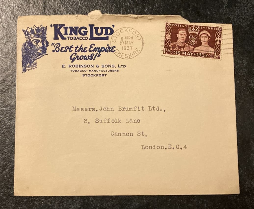 G.B. STOCKPORT 1937 KING LUD TOBACCO, SOME MARKS/WEAR. ROUGHLY OPENED.