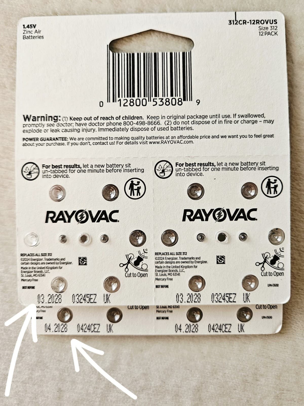24 Rayovac Sz 312 Hearing Aid Batteries Two 12-Packs | Zinc Air 1.45V | Exp 2028 4