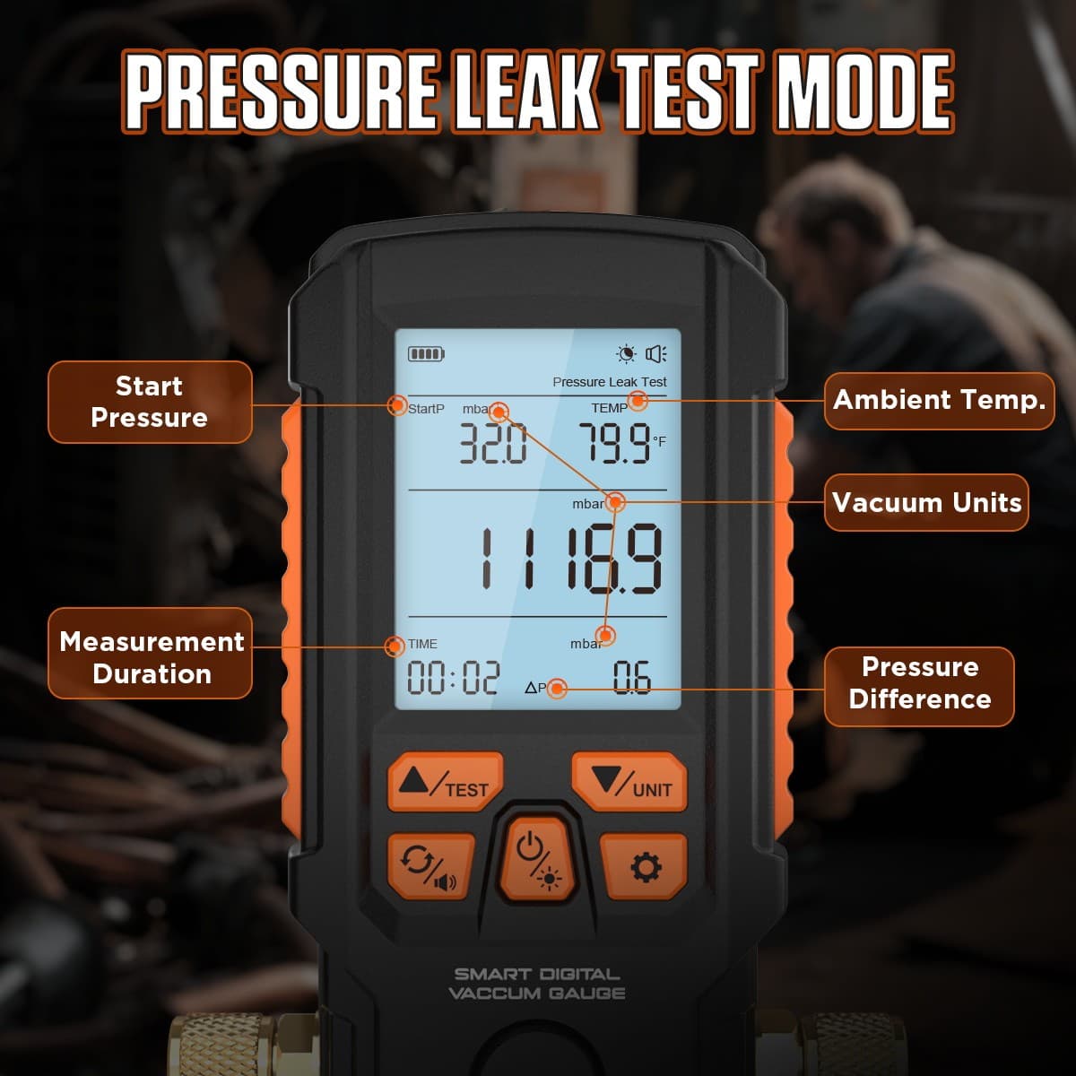 Digital Vacuum Gauge HVAC Vacuum Meter Evacuation Pressure Leak Test ±0.2% 1/4" 4