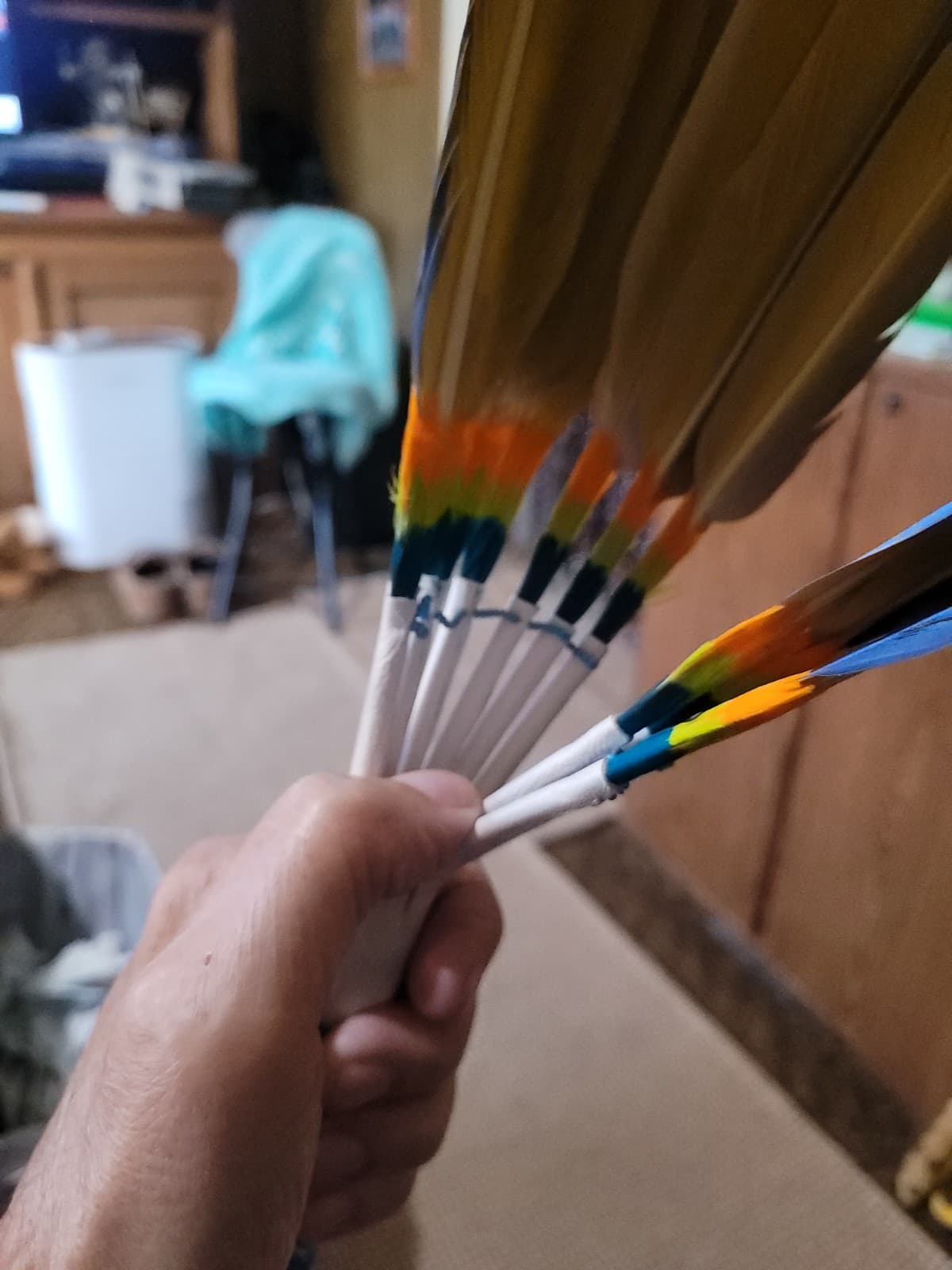 Native American Drop Fan Ceremonial Macaw Feathers Peyote Beadwork 2