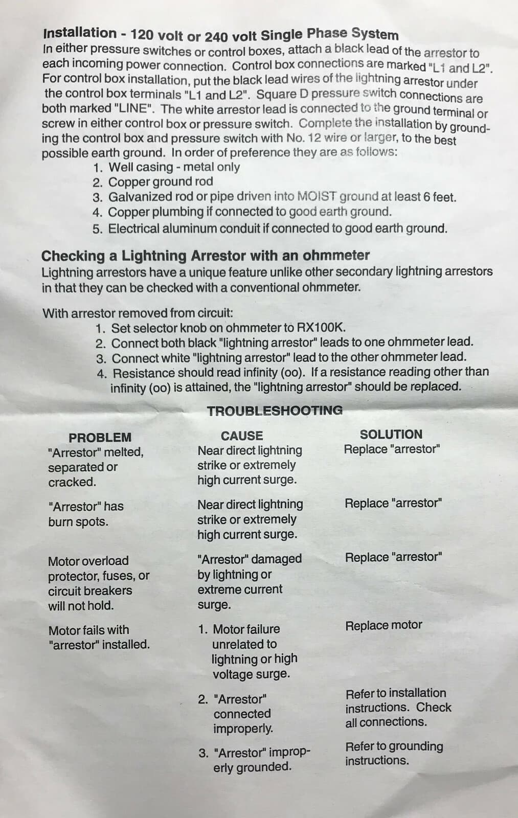Lightning Arrestor Power Surge Arrester 120 or 240 Single 1 Phase  Well Pump 2