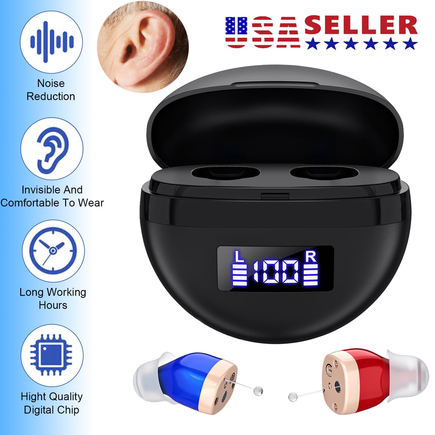 Pair Rechargeable Digital Invisible Hearing Aids Sound Voice Amplifier Mini ITE 2