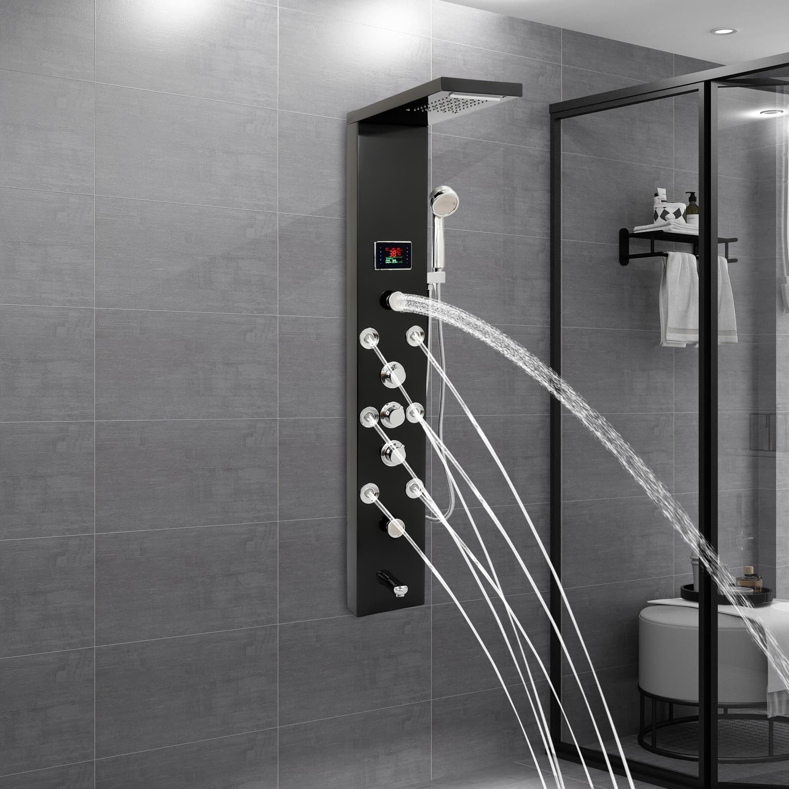 LED 3-Handle Shower Kit Shower Panel Tower System Rainfall Shower Head Waterfall 4