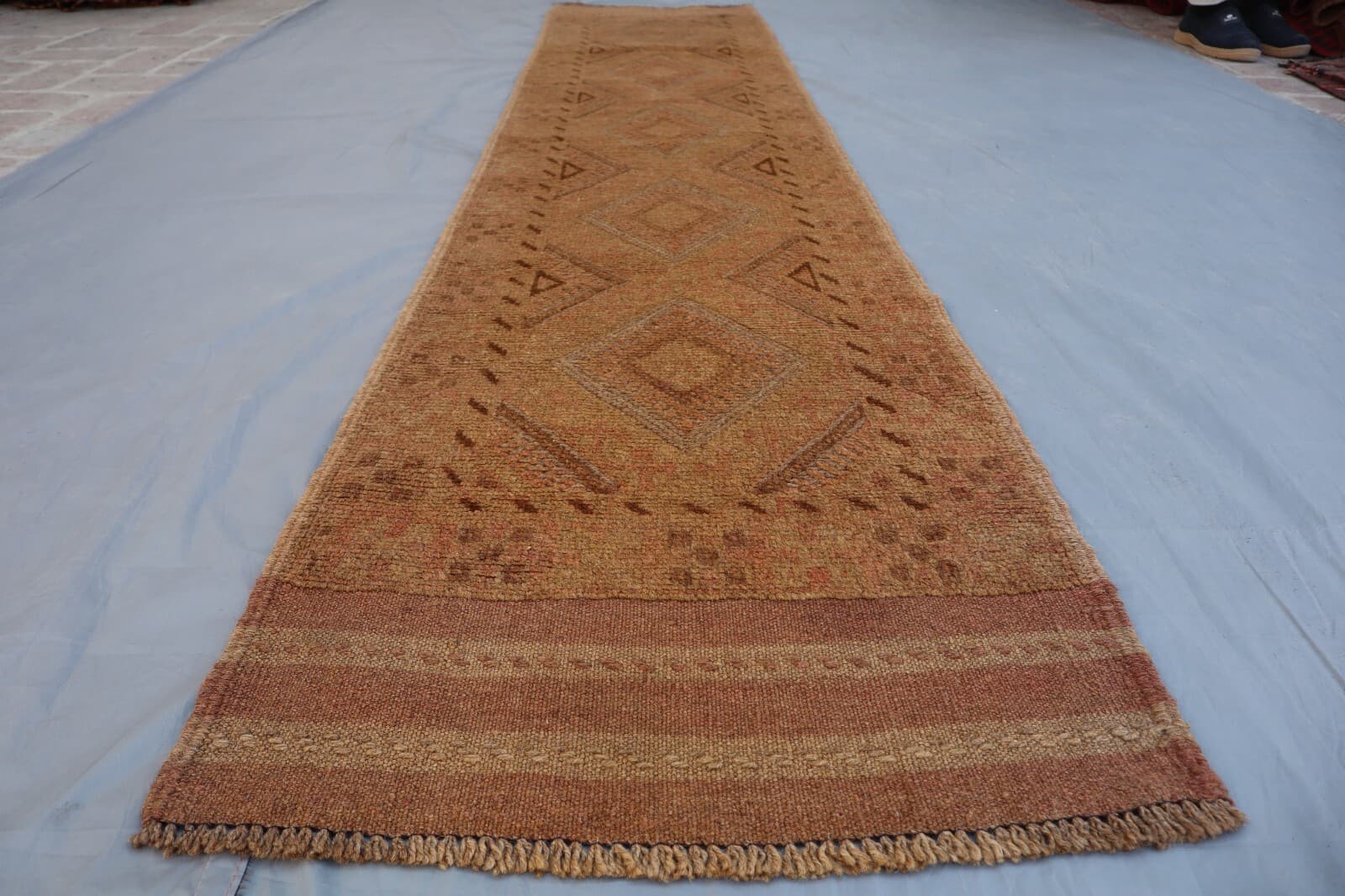 1x8 Warm Earth-Tone Afghan Wool Runner – Tribal Geometric Design with Diamond. 2