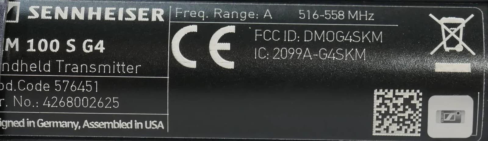 Sennheiser Wireless Mic Handheld Transmitter SKM100 S G4 516-558MHz W/e845 5