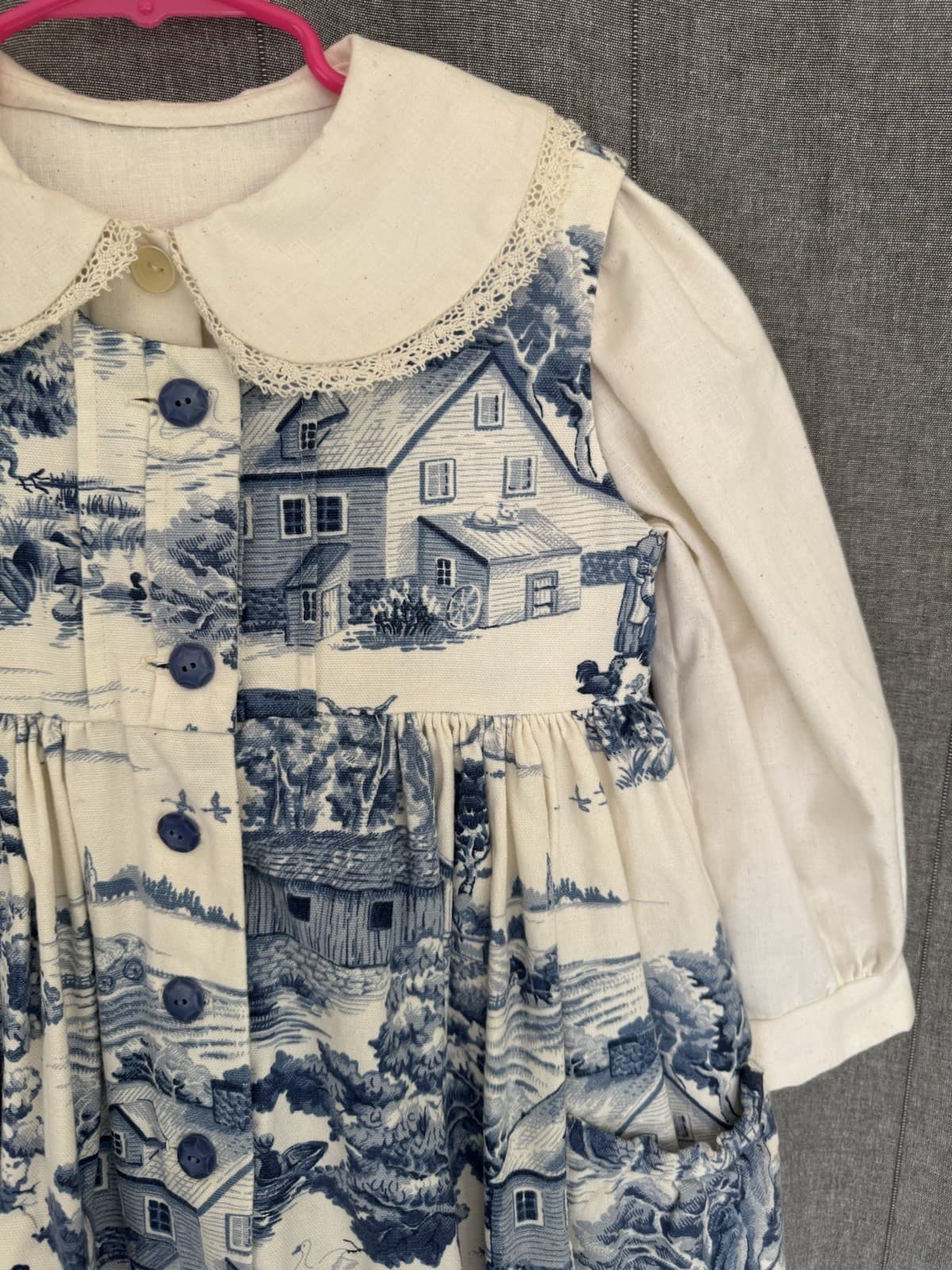 Vintage Girls Cotton 2 Piece Dress Pinafore Toile Spring Exceptional Handmade 6 3