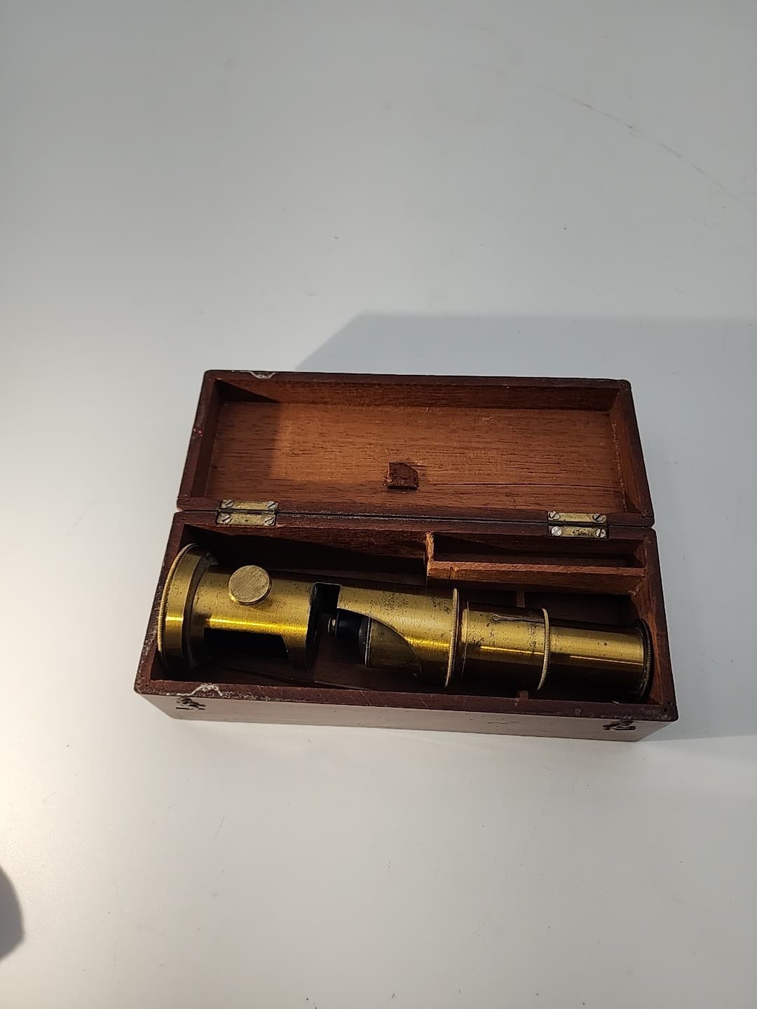 Antique Brass Field Microscope, tweezers and box - unmarked