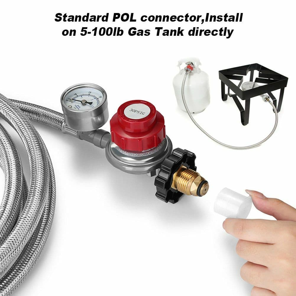 12FT Propane Gas Regulator Braided Hose Indicator 1/8 MNPT 0-30PSI High Pressure 6